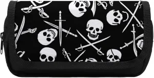 Goth Pirate Skulls Crossbones Swords Black And White Double Layer Zippered Pencil Case for Large Capacity Office Stationery Bag