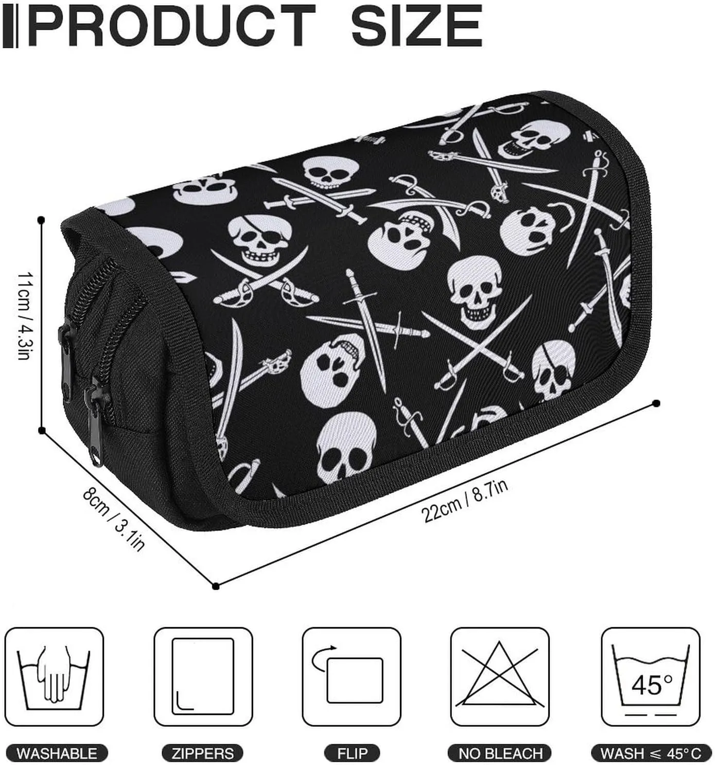 Goth Pirate Skulls Crossbones Swords Black And White Double Layer Zippered Pencil Case for Large Capacity Office Stationery Bag