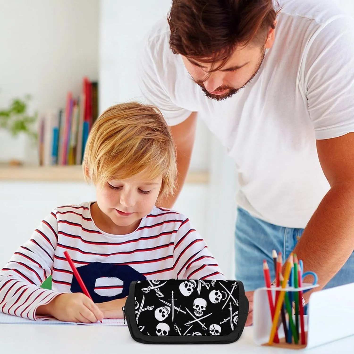 Goth Pirate Skulls Crossbones Swords Black And White Double Layer Zippered Pencil Case for Large Capacity Office Stationery Bag