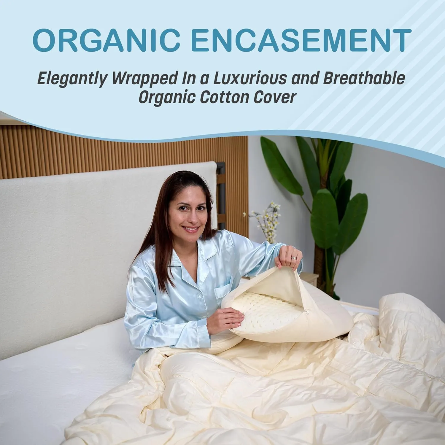 Green Natural Organic Bed Pillow - GOLS Certified Organic Rubber Foam Latex Pillows for Sleeping for Side, Back, and Stomach Sleepers Zippered Organic Cotton Cover - Size Queen - High Loft - Soft