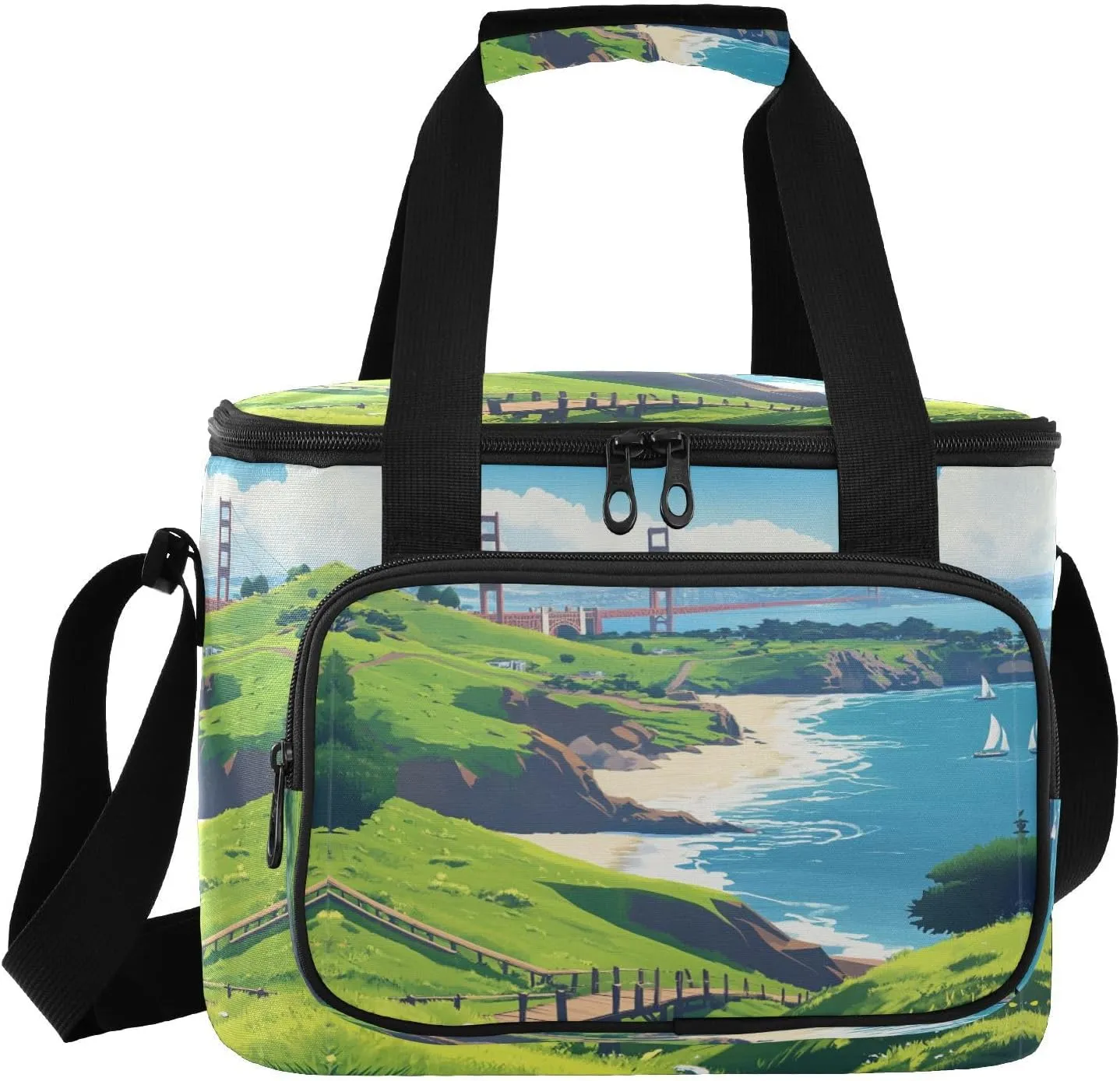 Green Sailboat Landscape Insulated Cooler Bag for Women Men Leakproof 24 Can Camping Cooling Bags for Beach Hiking Everyday Use