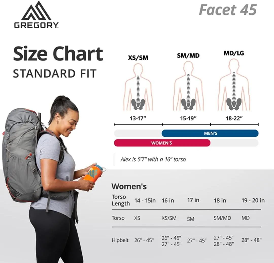 Gregory Facet 45L Women's Ultralight Backpacking Pack with Freefloat Suspension, Aluminum Frame, Ventilated Backpanel, Medium, Sunset Grey