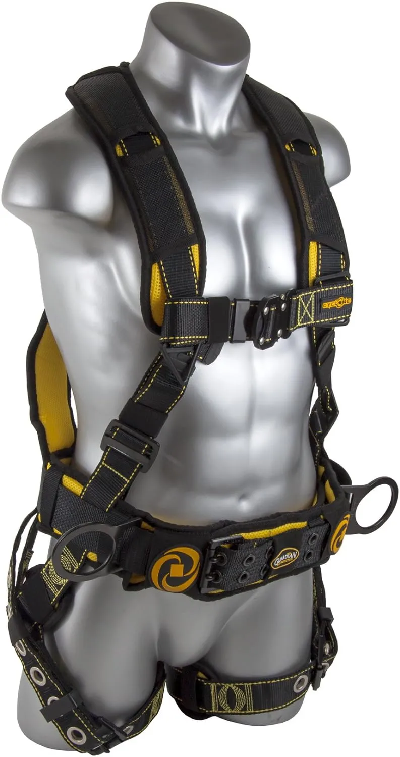 Guardian Fall Protection 21032 Cyclone Construction Harness with QC Chest/TB Leg/TB Waist Belt/Side D-Rings, Black/Yellow XX-Large