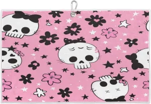 Hand Painted Skull Flowers Golf Towel with Heavy Duty Carabiner Ultra Absorbent Quick Dry Perfect for Cleaning Clubs Balls Gear Essential Golf Accessory for Men Women Kids