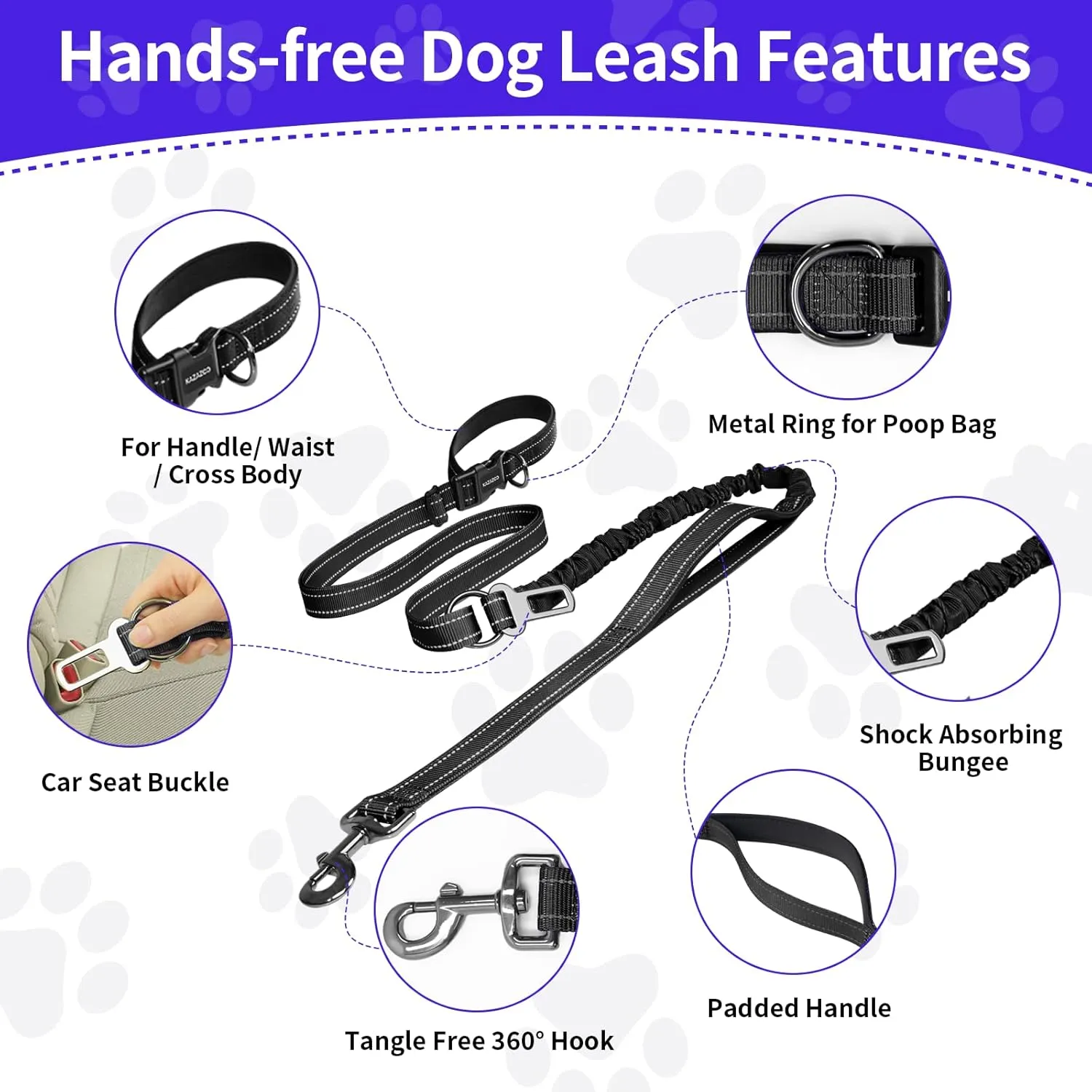 ​Hands Free Dog Leash for Large Dogs ​Adjustable 6 to 9 Feet ​Heavy Duty with ​No Pull Bungee & ​Reflective Ideal for ​Running, ​Jogging, ​Leash ​Carabiner for Ultimate Convenience Black
