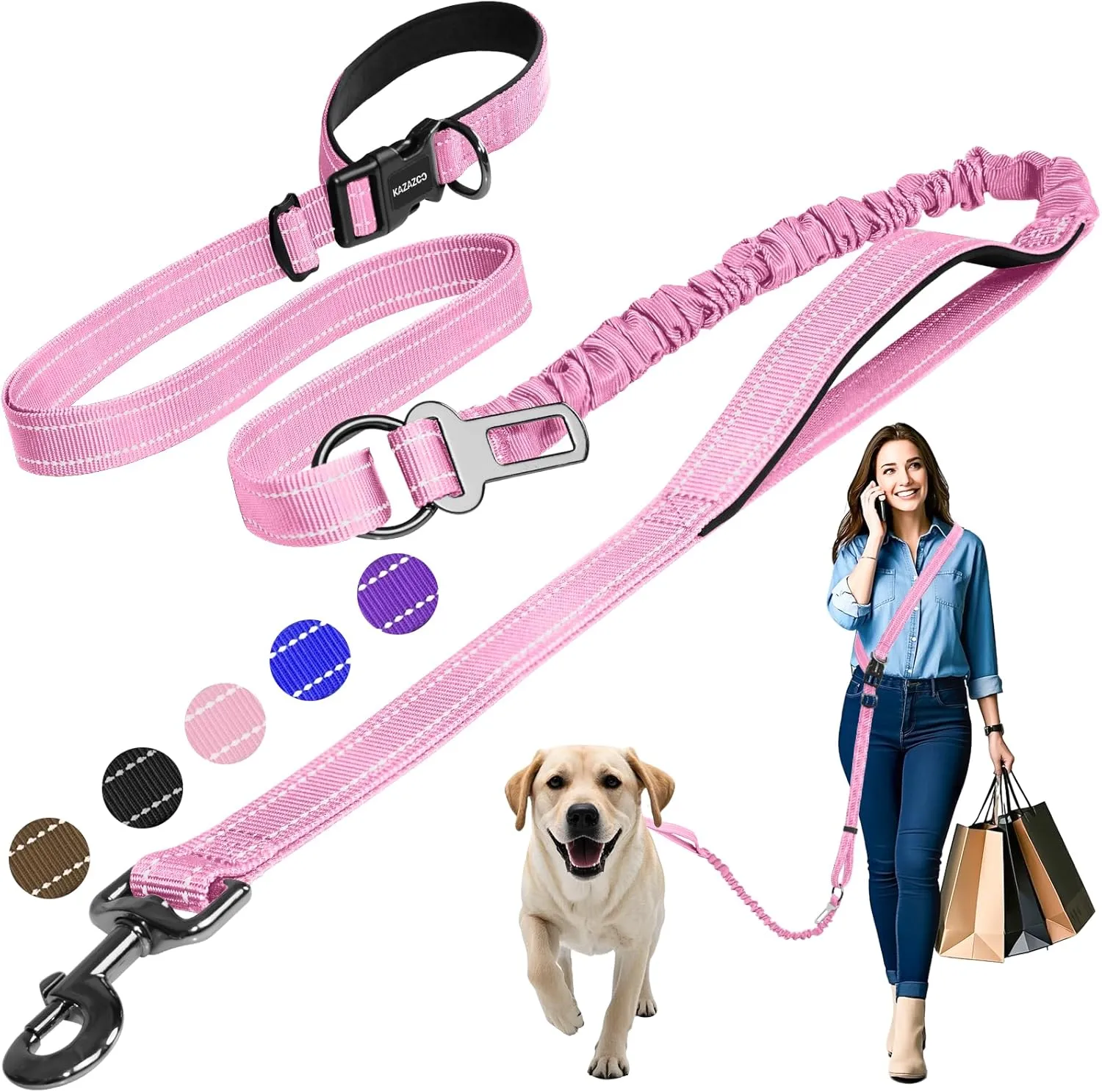 ​Hands Free Dog Leash for Large Dogs ​Adjustable 6 to 9 Feet ​Heavy Duty with ​No Pull Bungee & ​Reflective Ideal for ​Running, ​Jogging, ​Leash ​Carabiner for Ultimate Convenience Pink