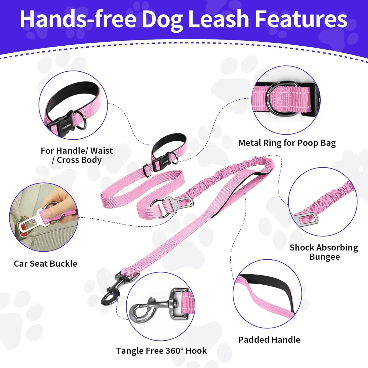 ​Hands Free Dog Leash for Large Dogs ​Adjustable 6 to 9 Feet ​Heavy Duty with ​No Pull Bungee & ​Reflective Ideal for ​Running, ​Jogging, ​Leash ​Carabiner for Ultimate Convenience Pink