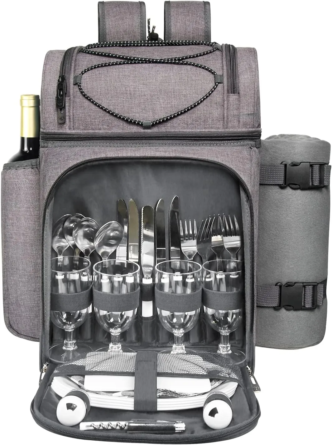 Hap Tim Picnic Backpack Cooler for 4 Person with Insulated Leakproof Cooler Bag, Wine Holder, Fleece Blanket(36079-G)
