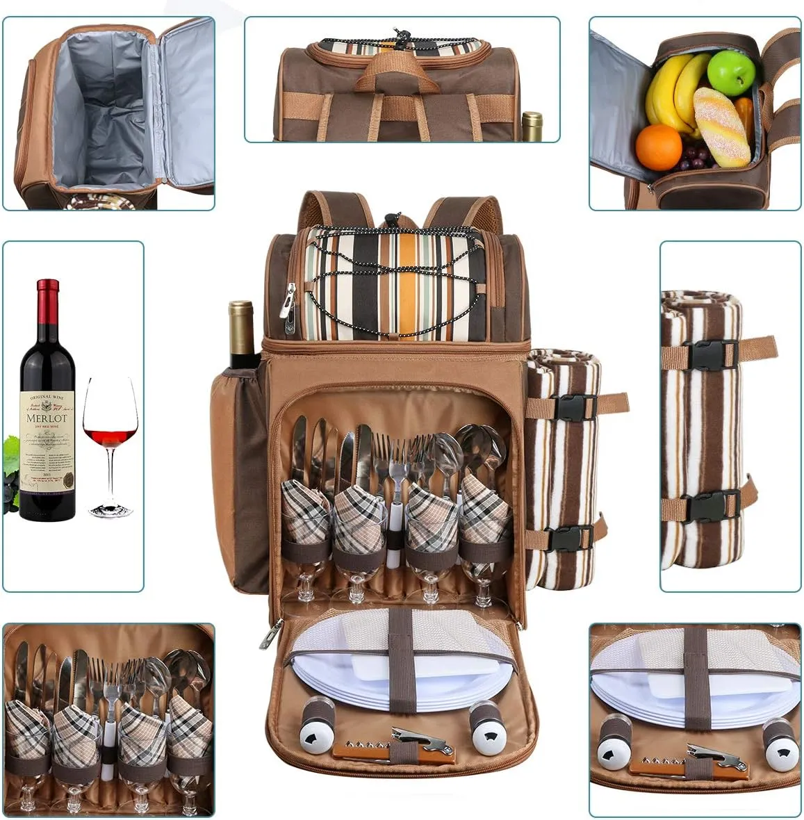 Hap Tim Picnic Backpack Cooler for 4 Person with Insulated Leakproof Cooler Bag, Wine Holder, Fleece Blanket(36079-G)