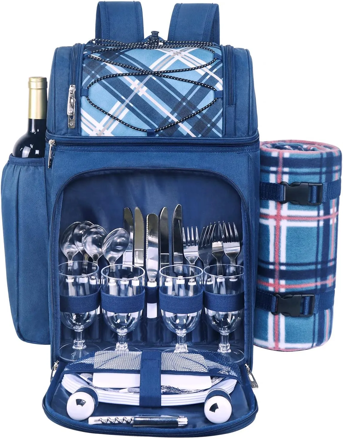 Hap Tim Picnic Backpack Cooler for 4 Person with Insulated Leakproof Cooler Bag, Wine Holder, Fleece Blanket(36079-G)