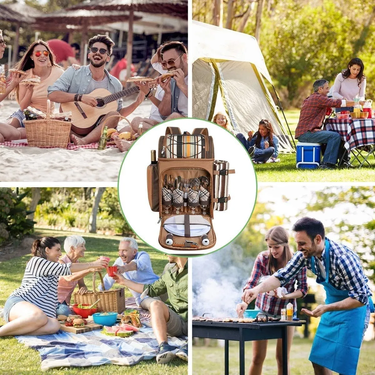 Hap Tim Picnic Backpack Cooler for 4 Person with Insulated Leakproof Cooler Bag, Wine Holder, Fleece Blanket(36079-G)