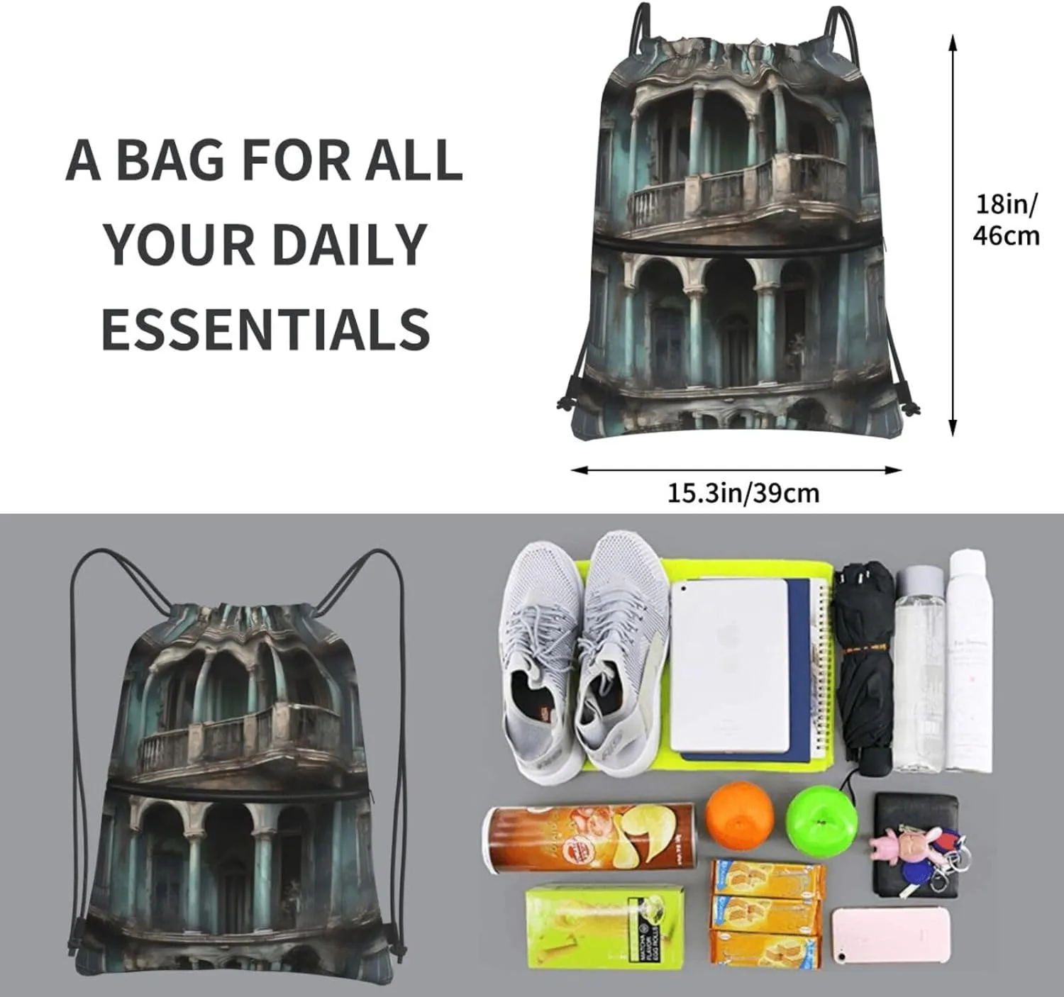 Haunted Mansions Drawstring Backpack String Cinch Bag For Fitness Workout, Daily Commute, Travel