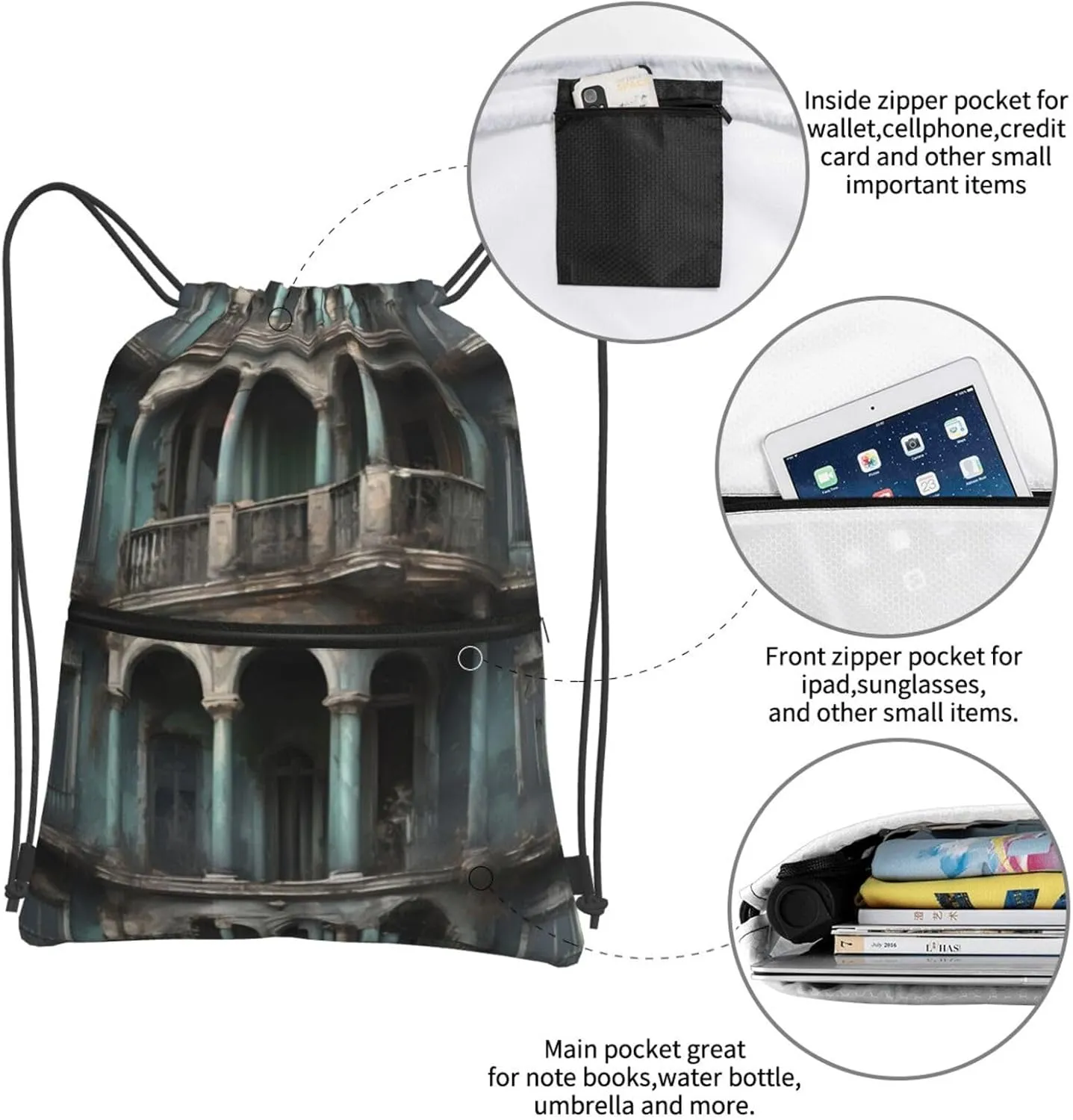 Haunted Mansions Drawstring Backpack String Cinch Bag For Fitness Workout, Daily Commute, Travel