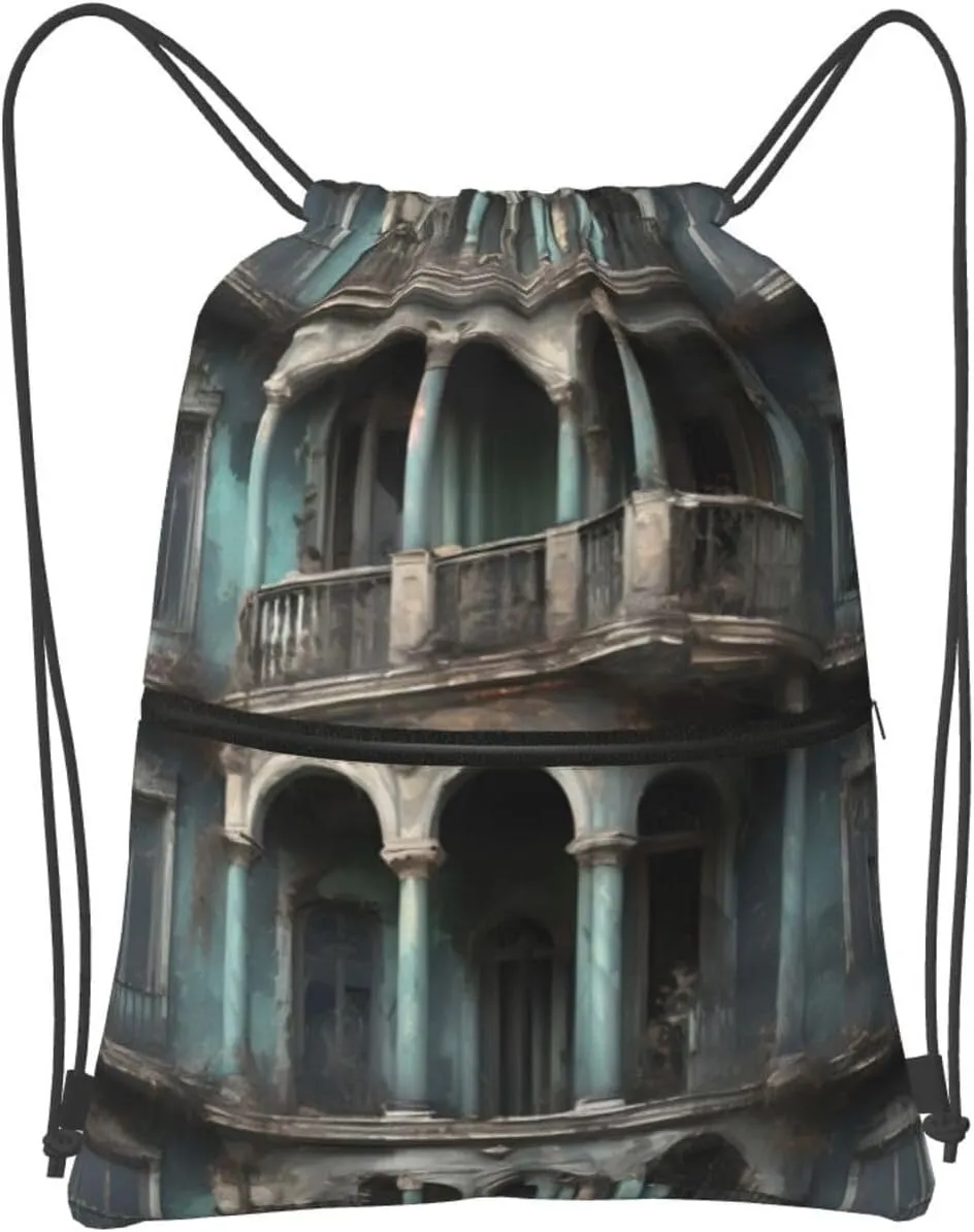 Haunted Mansions Drawstring Backpack String Cinch Bag For Fitness Workout, Daily Commute, Travel