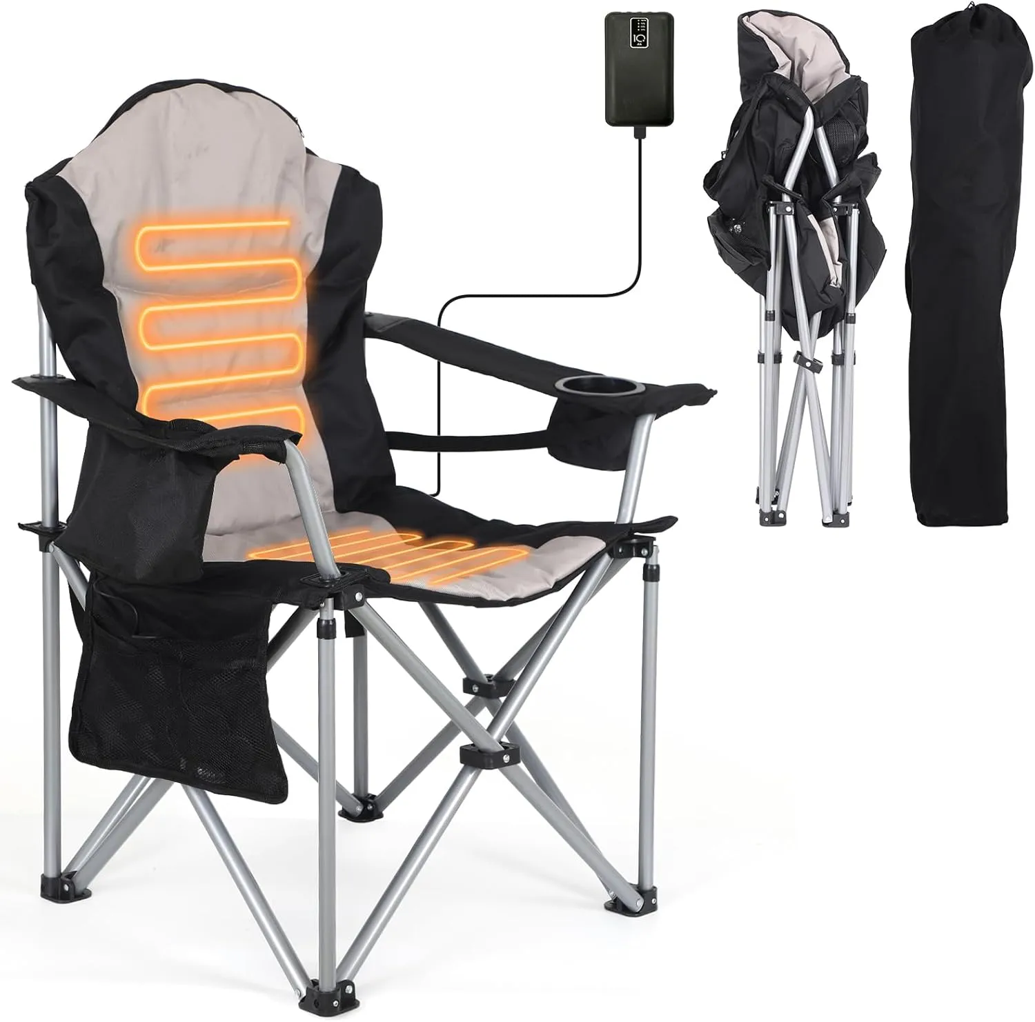 Heated Outdoor Chairs, Heated Camp Chair, Camping Chairs, Heated Folding Chair with Removable Cushion, Battery Pack, Fully Padded for Outdoor Comfort with Cup Holder (1-Pack)