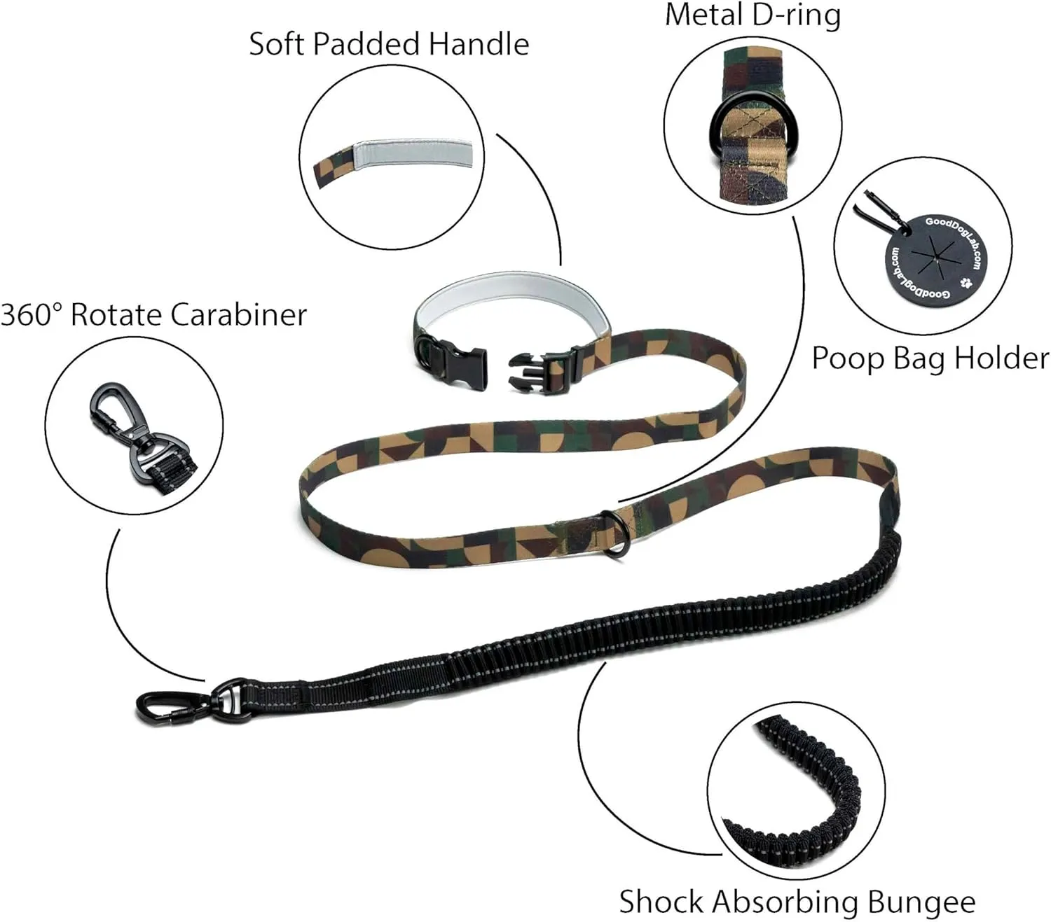 Heavy Duty Hands Free Dog Leash for Medium to Large Dogs for Comfortable Running Jogging Walking | Shock Absorbing Bungee | Soft Padded Handle | 360 Rotating Carabiner (Leash Length 6.5-7.8 ft)