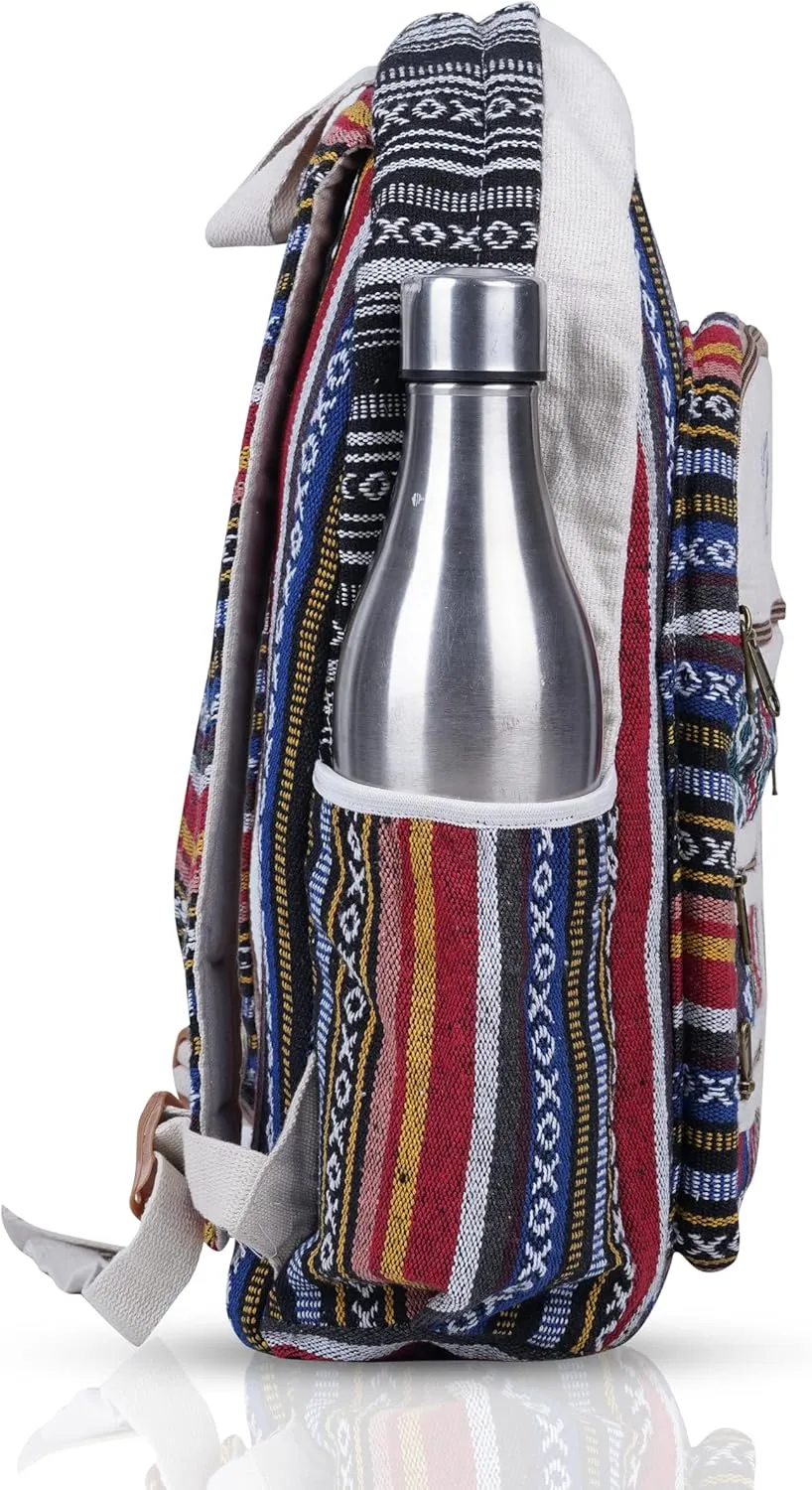 Hemp Backpack Cotton Canvas Stripe 13 Inch Laptop Tab Business Traveling Bag Himalayan Backpack College Gift Bag Casual Daypack 13 x 11 x 5 Inches
