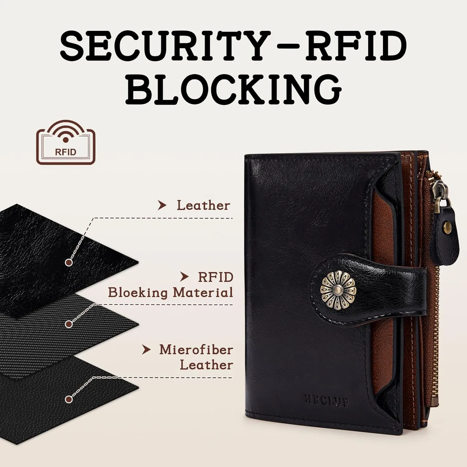 HKCLUF Wallet Women,Genuine Leather Bifold Womens Wallet Card Holder RFID Blocking Small Wallet for Women With Zipper Coin Pocket(blackbrown)
