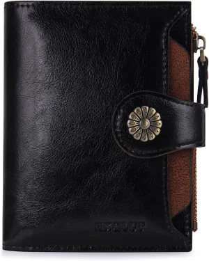HKCLUF Wallet Women,Genuine Leather Bifold Womens Wallet Card Holder RFID Blocking Small Wallet for Women With Zipper Coin Pocket(blackbrown)