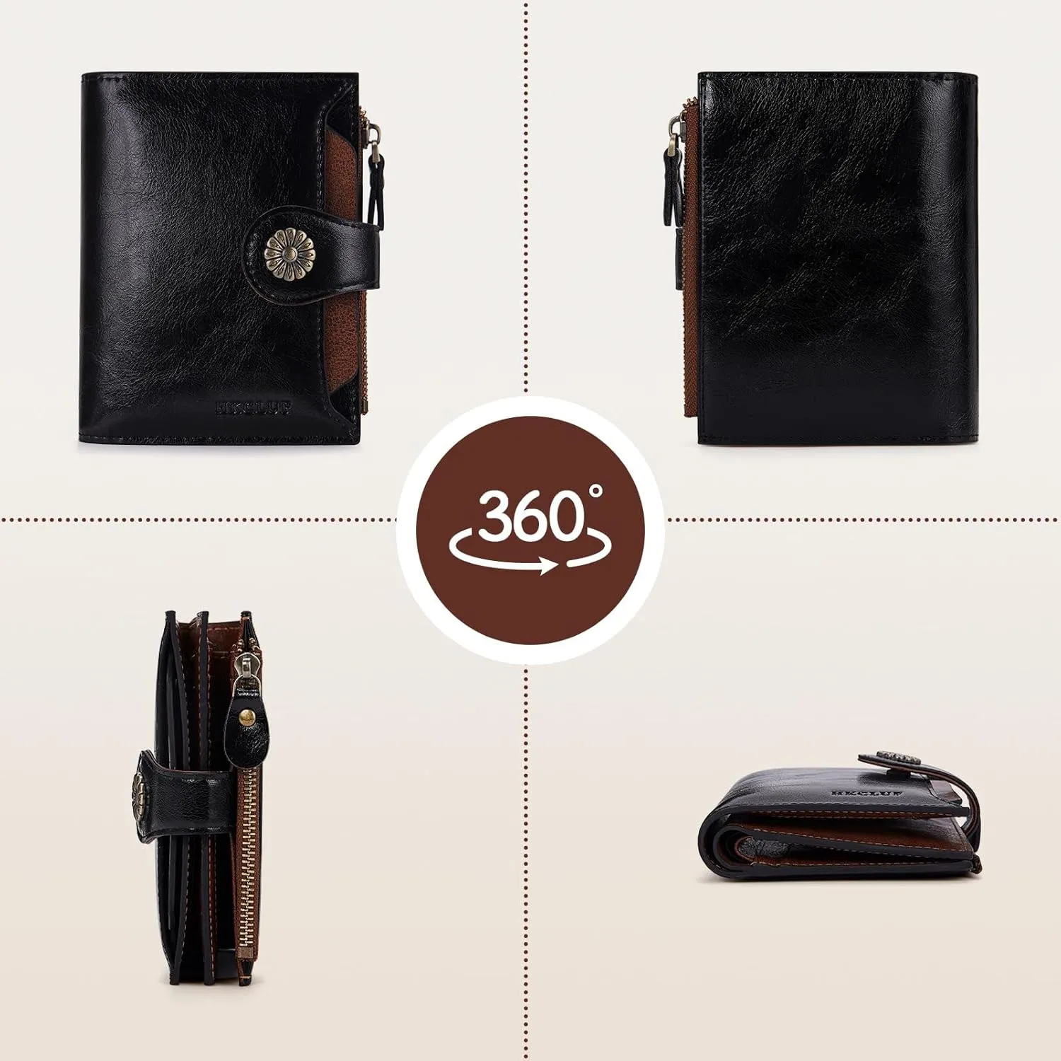 HKCLUF Wallet Women,Genuine Leather Bifold Womens Wallet Card Holder RFID Blocking Small Wallet for Women With Zipper Coin Pocket(blackbrown)