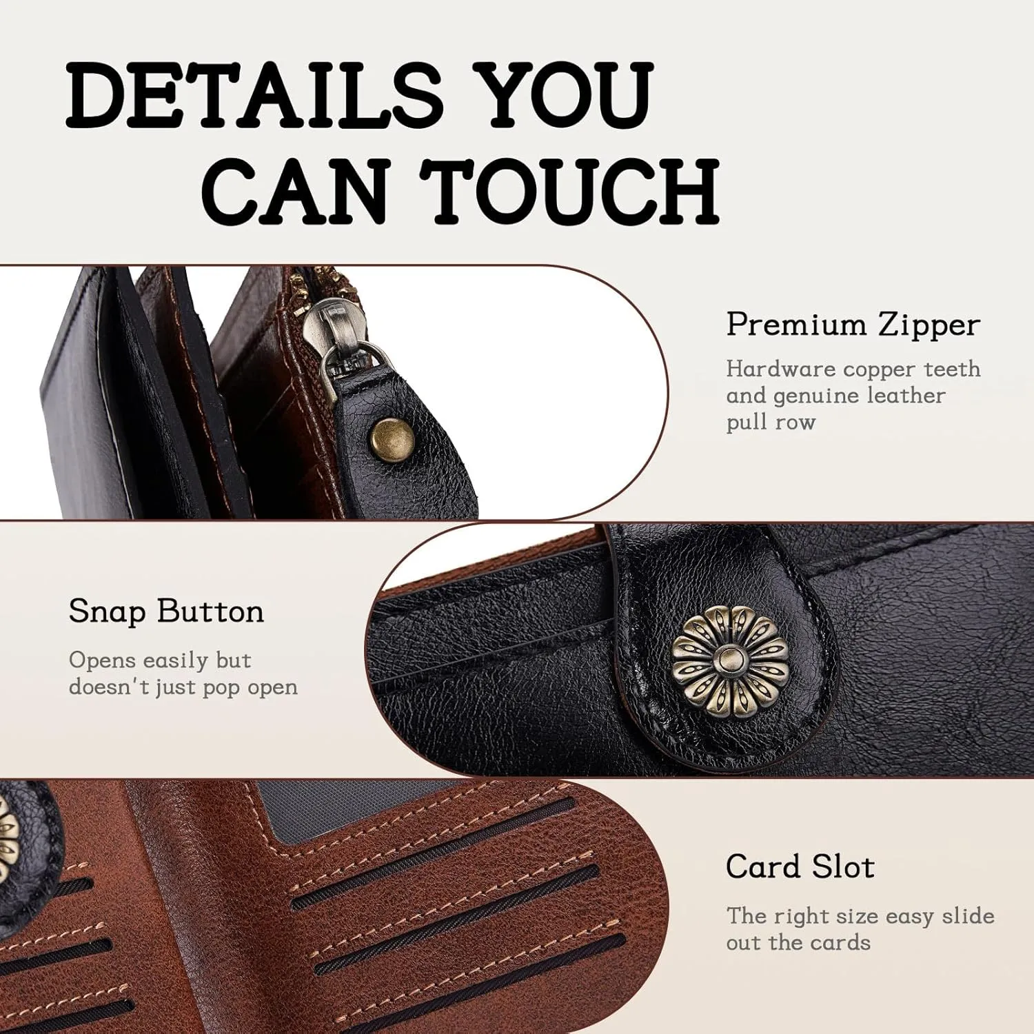 HKCLUF Wallet Women,Genuine Leather Bifold Womens Wallet Card Holder RFID Blocking Small Wallet for Women With Zipper Coin Pocket(blackbrown)
