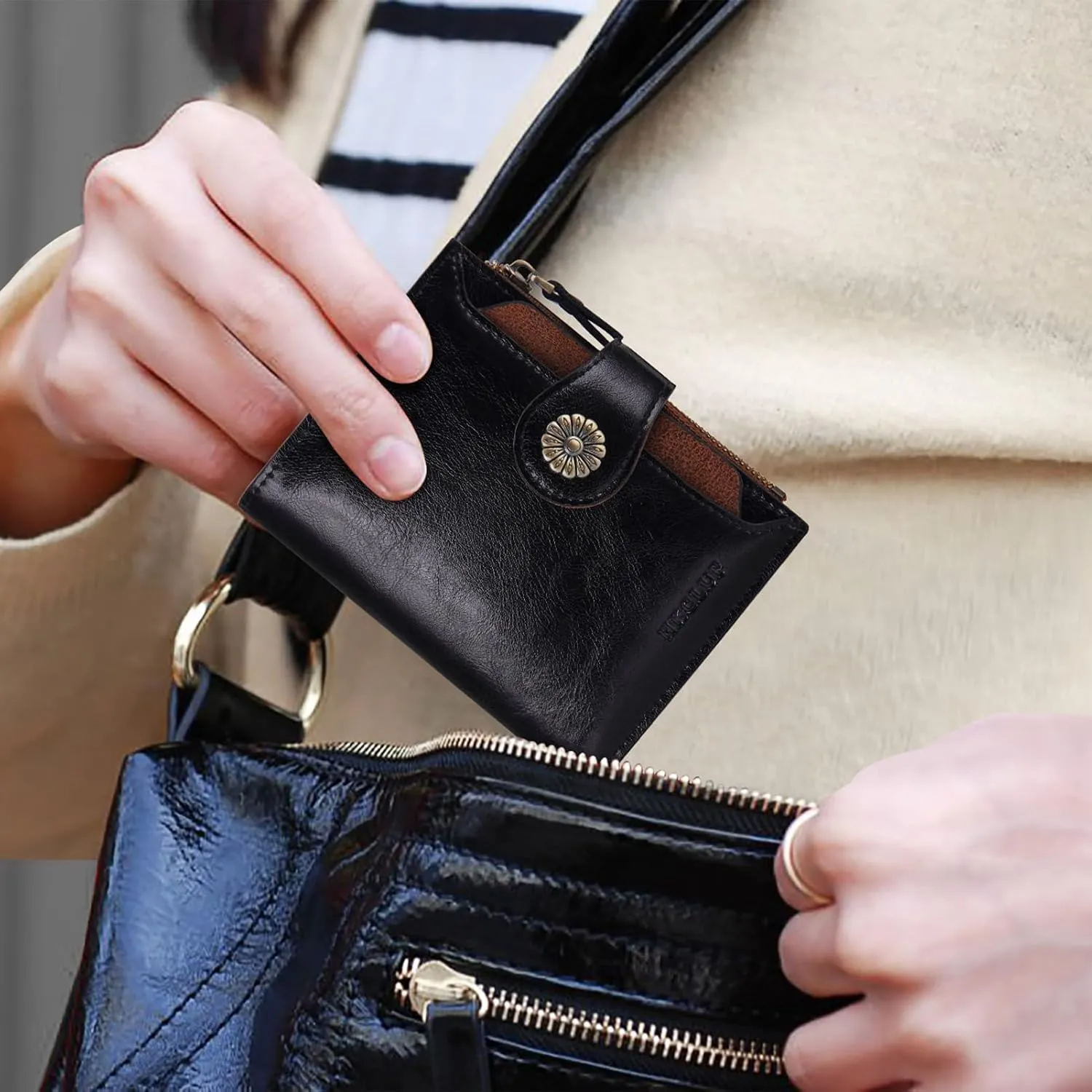 HKCLUF Wallet Women,Genuine Leather Bifold Womens Wallet Card Holder RFID Blocking Small Wallet for Women With Zipper Coin Pocket(blackbrown)