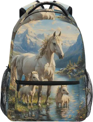 Horse Stream Mountain Landscape Backpack 3rd 4th 5th Grade School Bookbag Travel Laptop Daypack Bag Purse for Boys Girls Teens