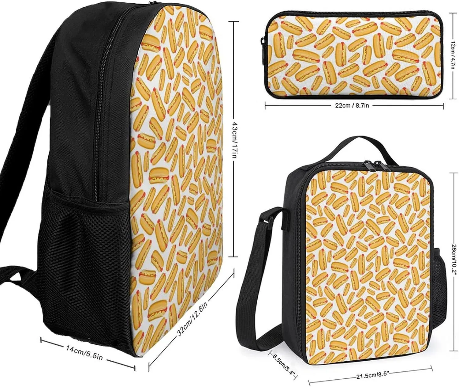 Hot Dog Shoulder Backpack Diagonal Lunch Bag Pencil Case Set