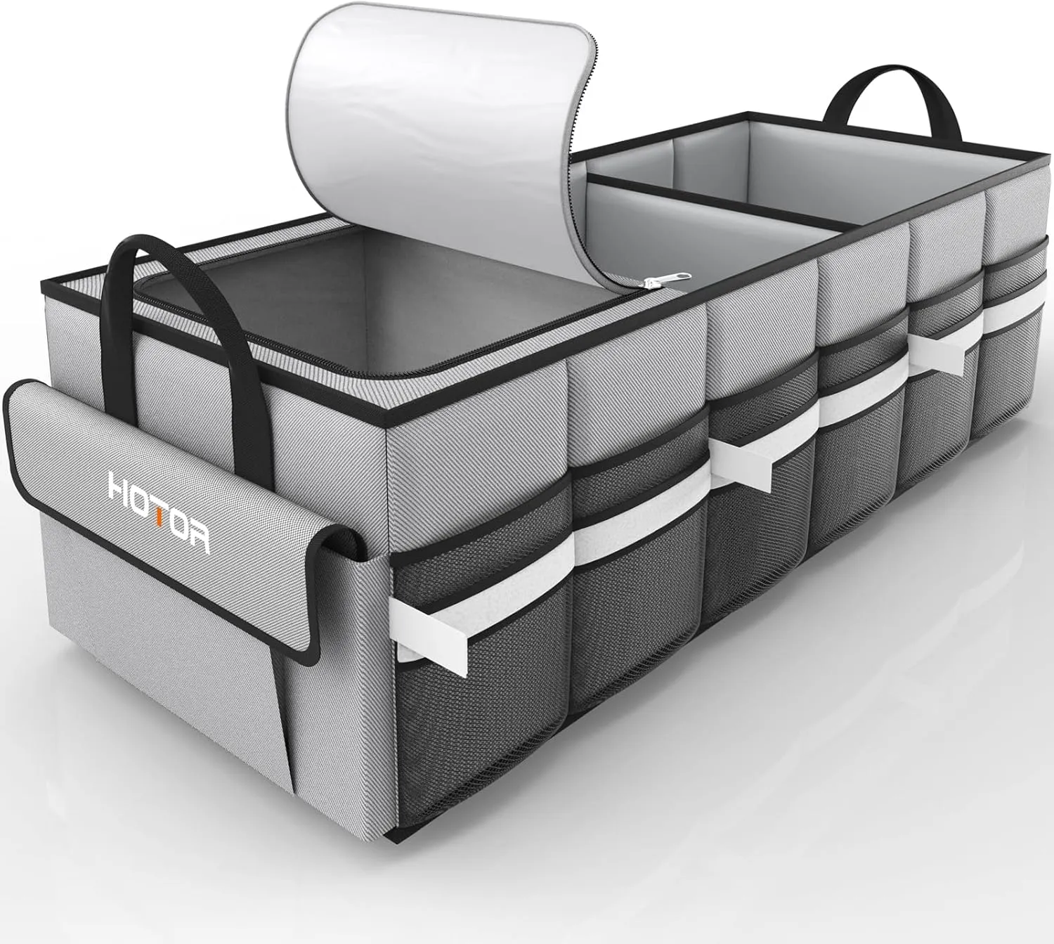 HOTOR Collapsible Car Trunk Organizer with Built-In Leakproof Cooler - Multi-Compartment Storage for SUV, Sedan & Vehicles, Base Panel Included (3 Sections,Grey, 31.9"×12.6"×10.6")