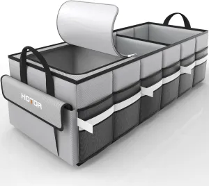HOTOR Collapsible Car Trunk Organizer with Built-In Leakproof Cooler - Multi-Compartment Storage for SUV, Sedan & Vehicles, Base Panel Included (3 Sections,Grey, 31.9"×12.6"×10.6")