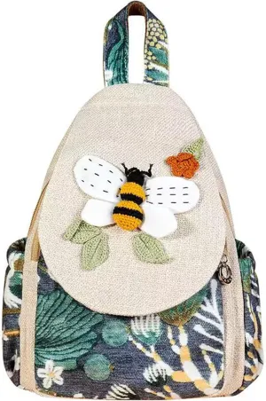 HUANGGUOSHU Boho and Hippie Small Canvas Backpack Purse for Women - Convertible Sling Bag, Embroidered and Woven Tapestry Patterns Bee