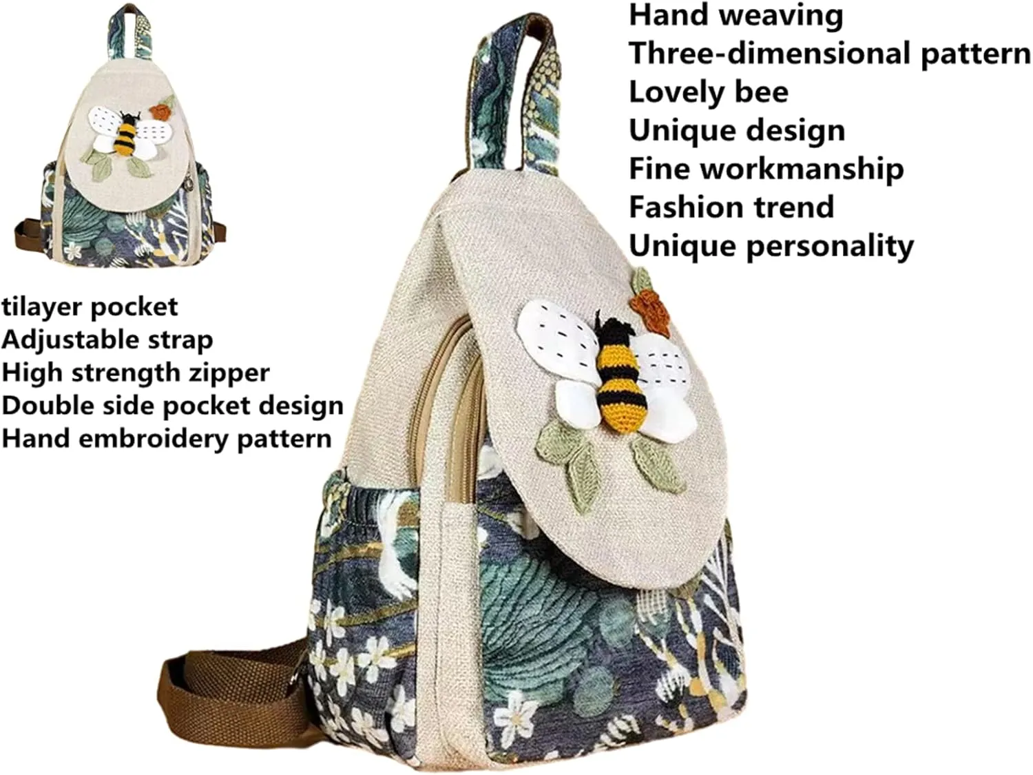 HUANGGUOSHU Boho and Hippie Small Canvas Backpack Purse for Women - Convertible Sling Bag, Embroidered and Woven Tapestry Patterns Bee