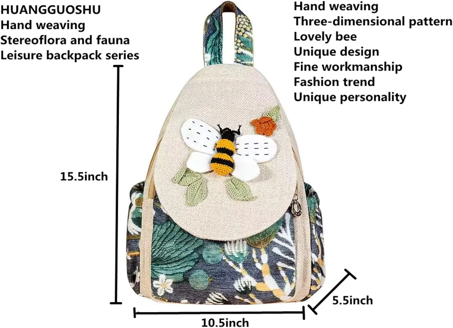 HUANGGUOSHU Boho and Hippie Small Canvas Backpack Purse for Women - Convertible Sling Bag, Embroidered and Woven Tapestry Patterns Bee