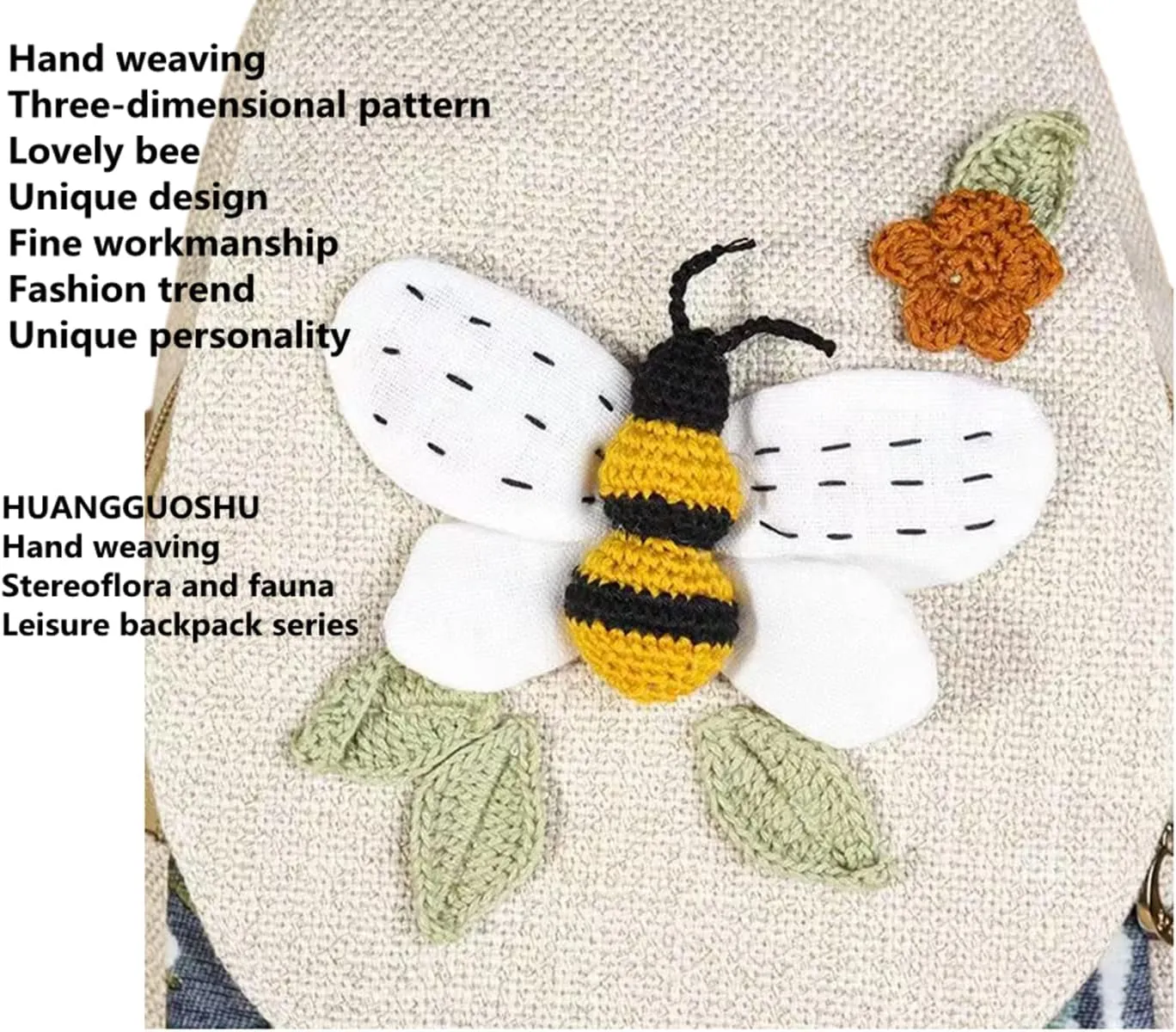 HUANGGUOSHU Boho and Hippie Small Canvas Backpack Purse for Women - Convertible Sling Bag, Embroidered and Woven Tapestry Patterns Bee