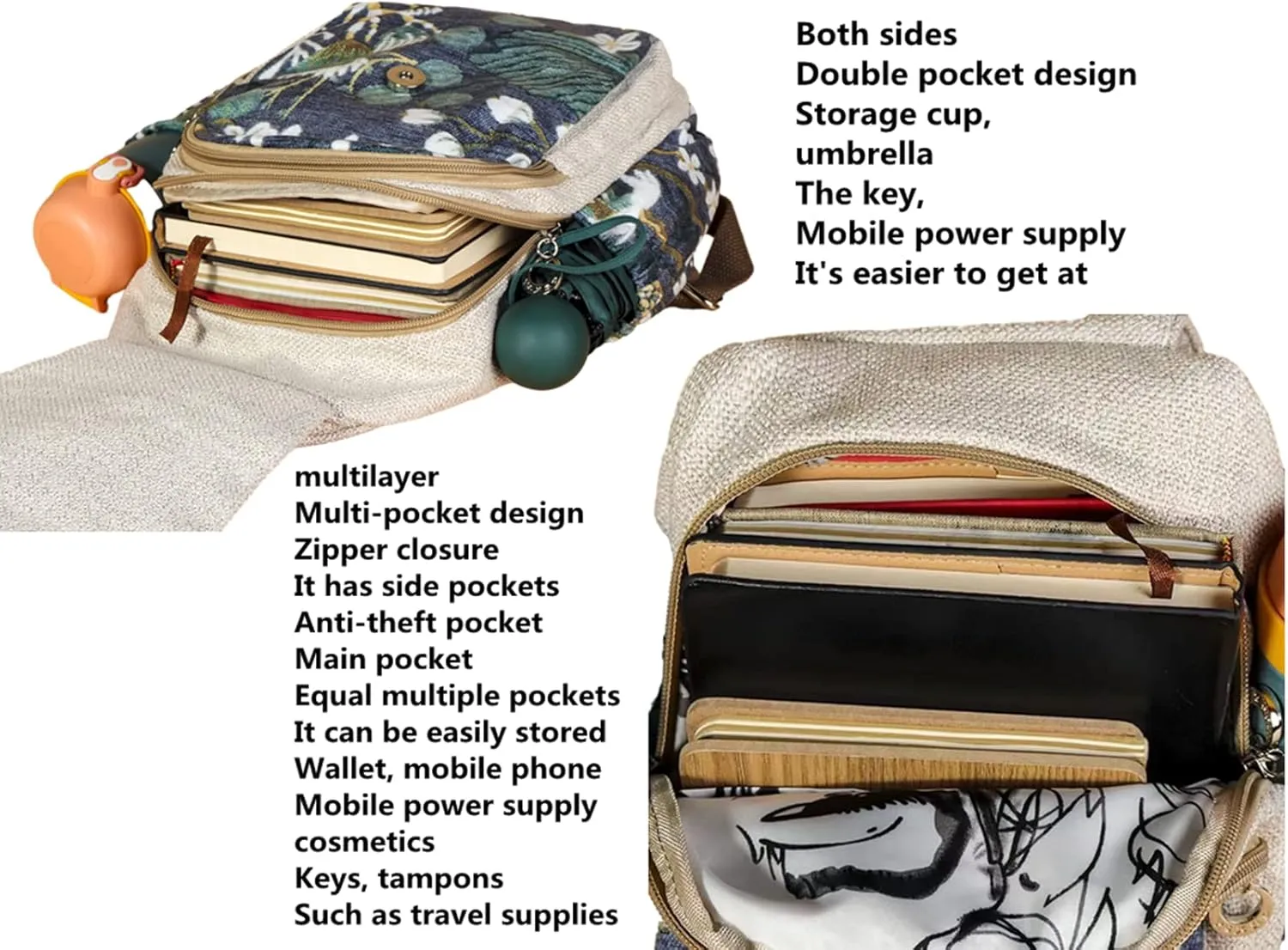 HUANGGUOSHU Boho and Hippie Small Canvas Backpack Purse for Women - Convertible Sling Bag, Embroidered and Woven Tapestry Patterns Bee
