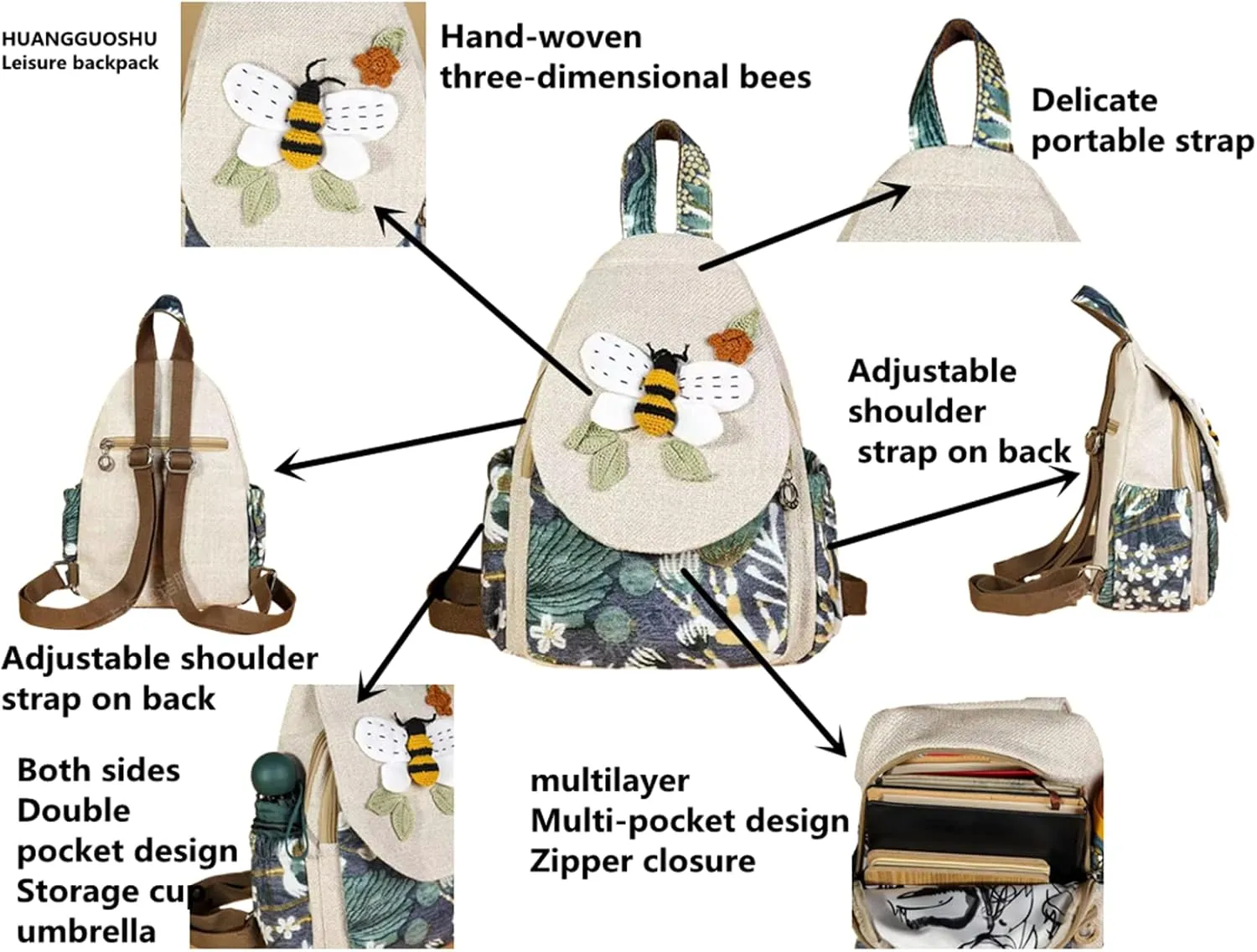 HUANGGUOSHU Boho and Hippie Small Canvas Backpack Purse for Women - Convertible Sling Bag, Embroidered and Woven Tapestry Patterns Bee
