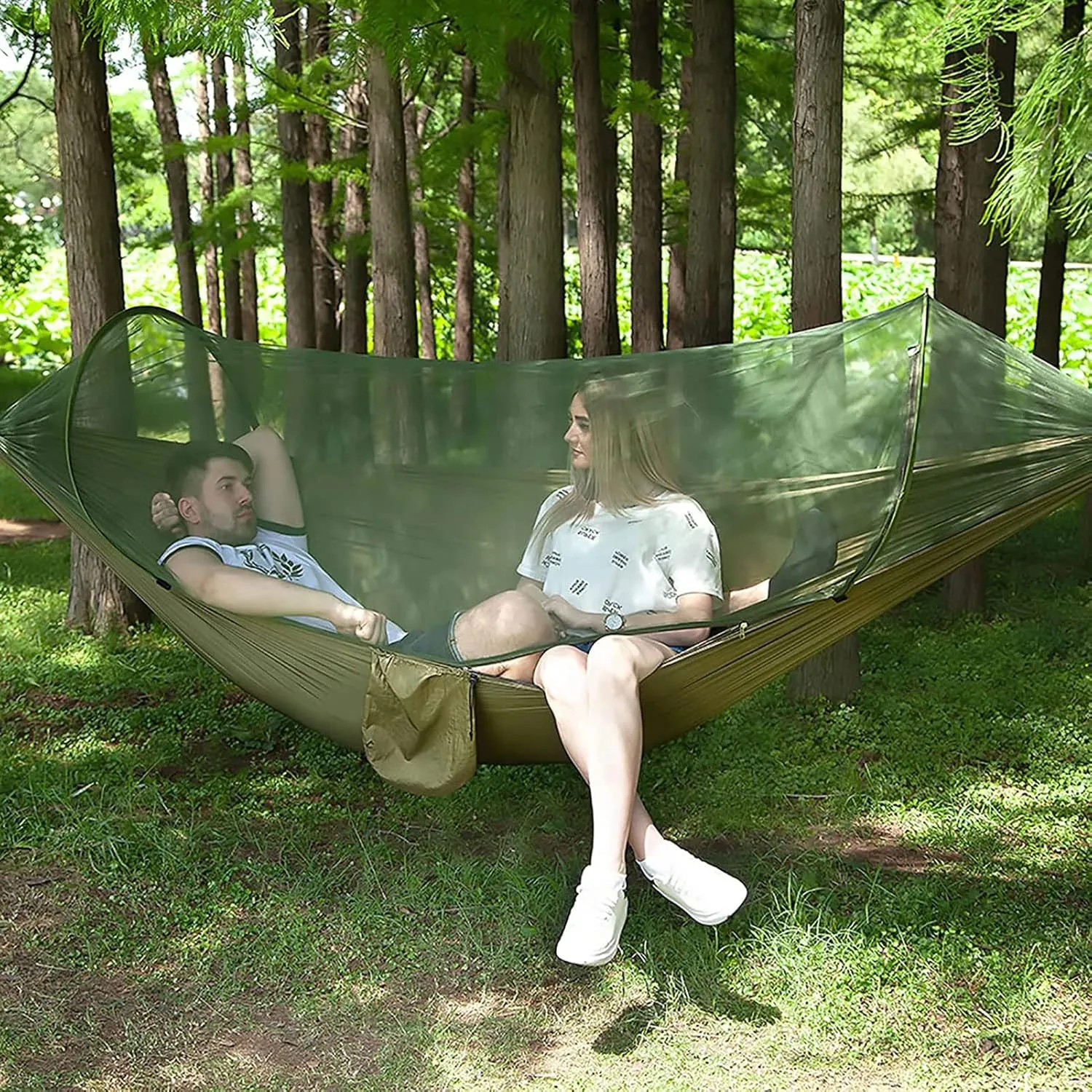 HUHJYUGE Large Camping Hammock with Mosquito Net, 2 Person Pop-up Parachute Lightweight Hanging Hammocks, Portable Hammocks with Tree Straps and Carry Bag, for Outdoor, Hiking (A)
