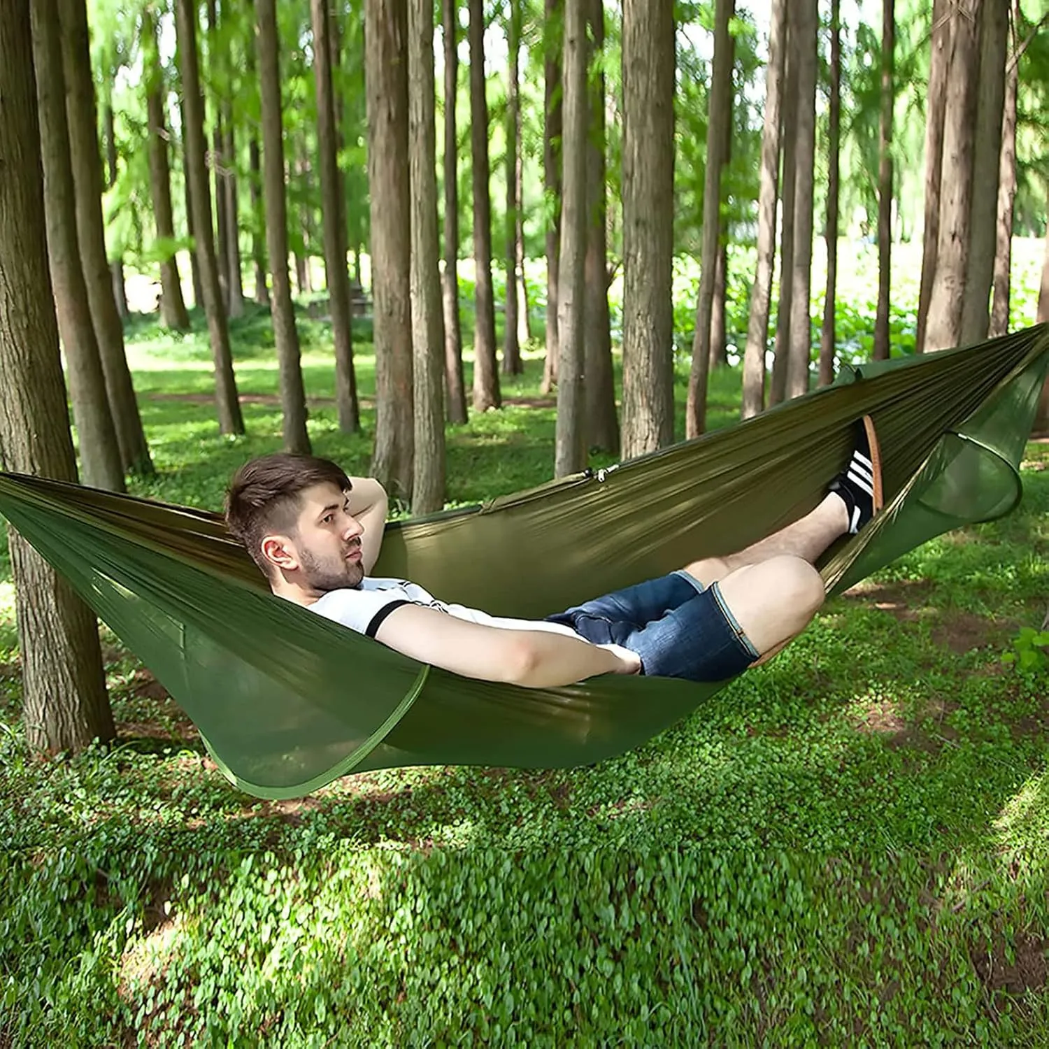 HUHJYUGE Large Camping Hammock with Mosquito Net, 2 Person Pop-up Parachute Lightweight Hanging Hammocks, Portable Hammocks with Tree Straps and Carry Bag, for Outdoor, Hiking (A)