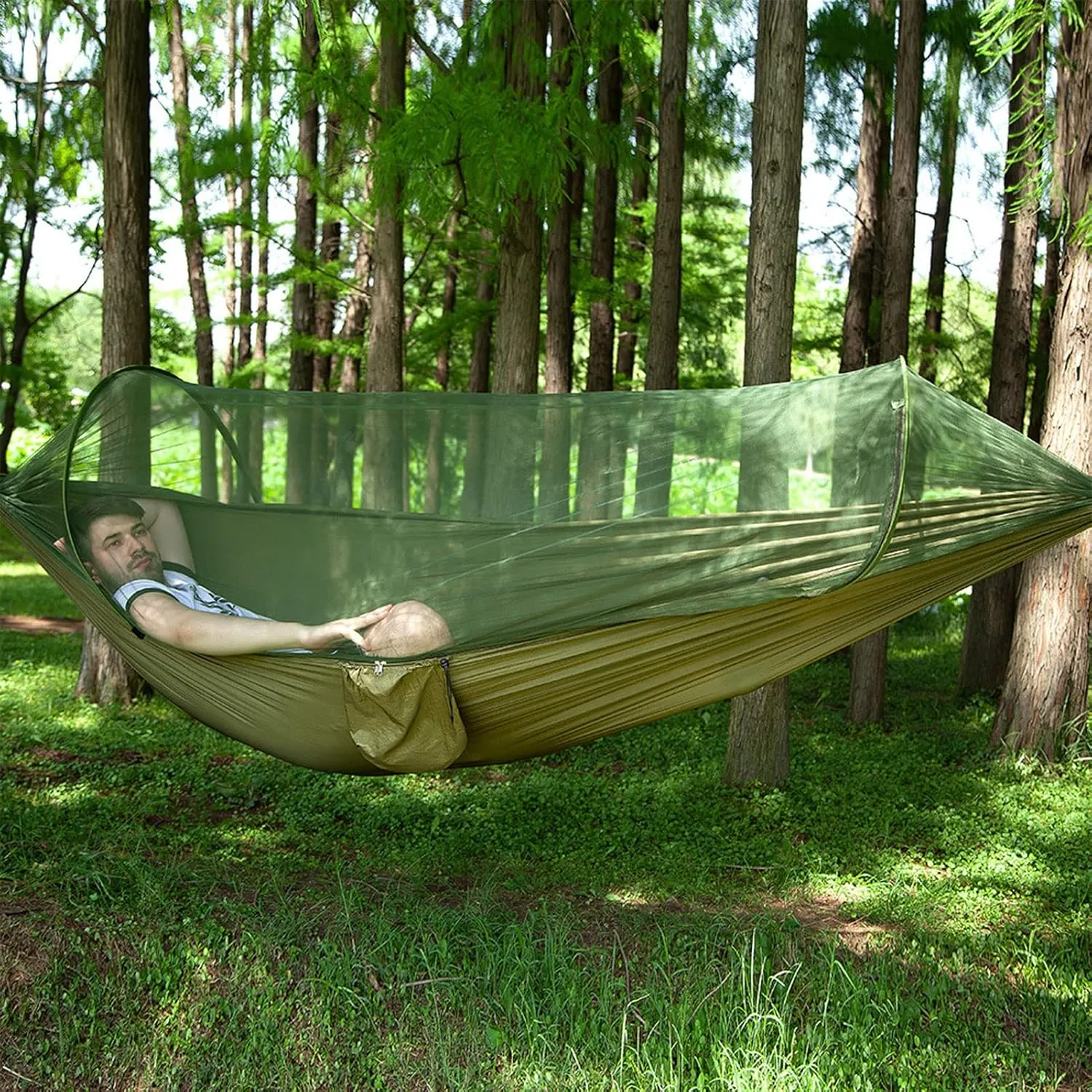 HUHJYUGE Large Camping Hammock with Mosquito Net, 2 Person Pop-up Parachute Lightweight Hanging Hammocks, Portable Hammocks with Tree Straps and Carry Bag, for Outdoor, Hiking (A)