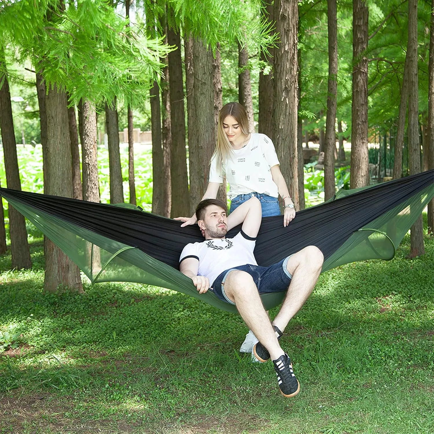 HUHJYUGE Large Camping Hammock with Mosquito Net, 2 Person Pop-up Parachute Lightweight Hanging Hammocks, Portable Hammocks with Tree Straps and Carry Bag, for Outdoor, Hiking (A)