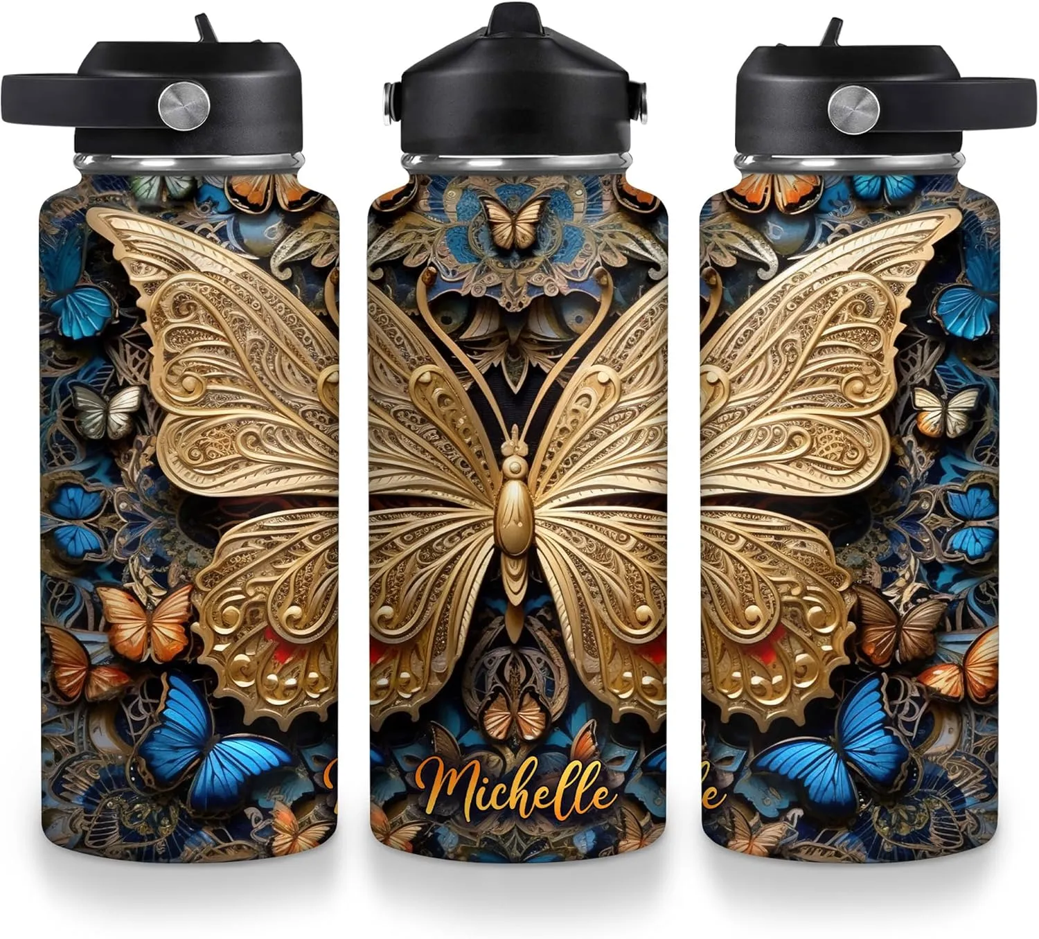 Hyturtle Personalized 2D Print Butterfly Water Bottle - Custom Name Insulated Stainless Steel Bottle with Leak-Proof Lid 18oz 32oz - Butterfly Gift for Women Animal Lovers - Birthday & Christmas Gift