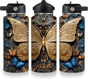Hyturtle Personalized 2D Print Butterfly Water Bottle - Custom Name Insulated Stainless Steel Bottle with Leak-Proof Lid 18oz 32oz - Butterfly Gift for Women Animal Lovers - Birthday & Christmas Gift