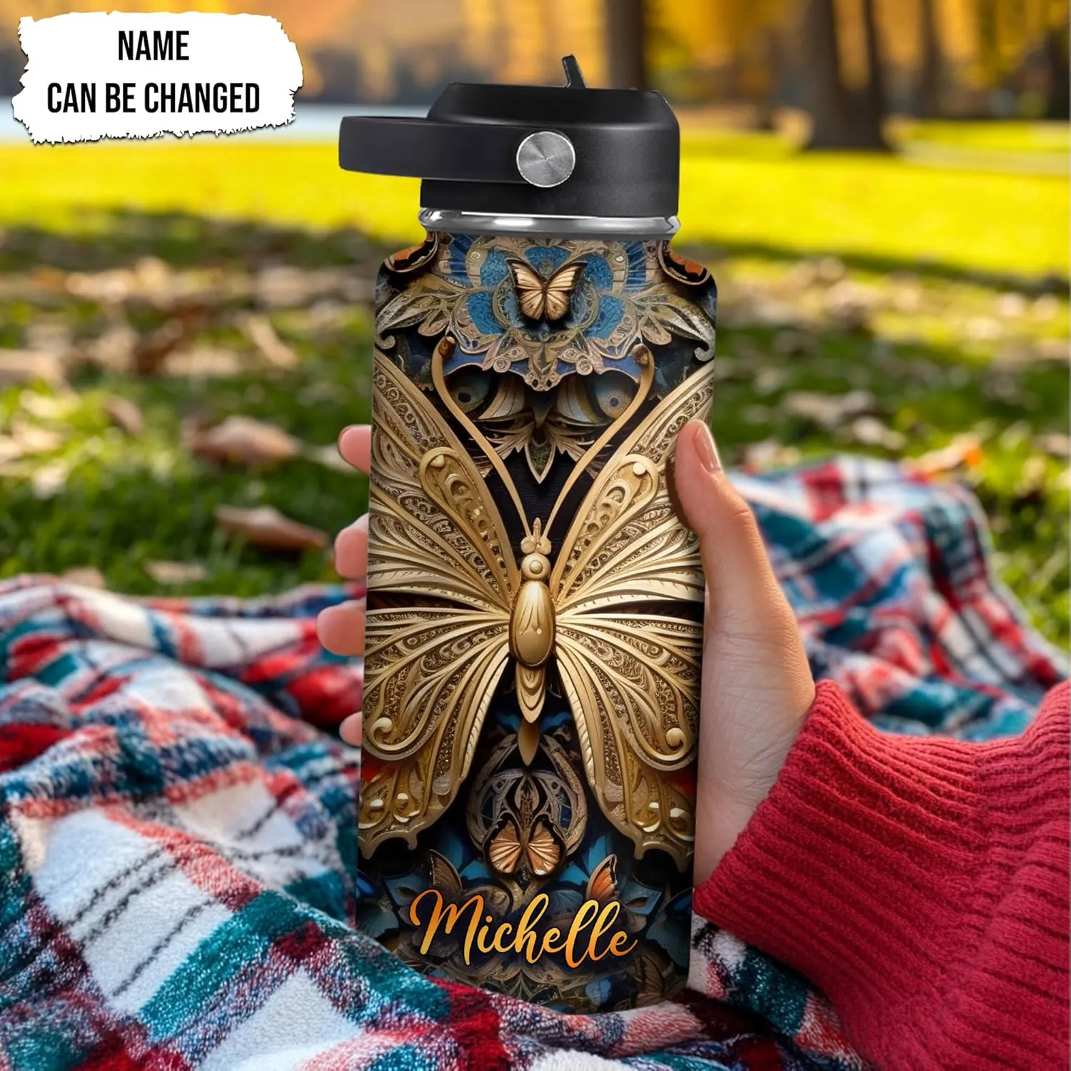 Hyturtle Personalized 2D Print Butterfly Water Bottle - Custom Name Insulated Stainless Steel Bottle with Leak-Proof Lid 18oz 32oz - Butterfly Gift for Women Animal Lovers - Birthday & Christmas Gift