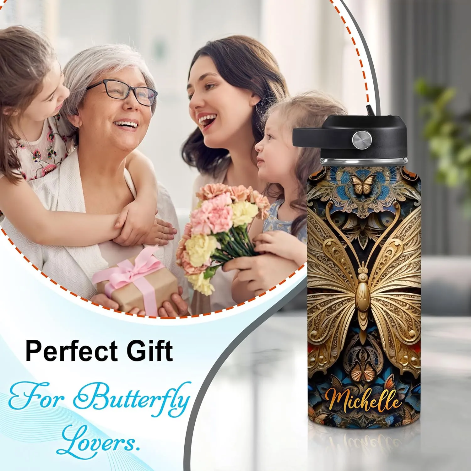 Hyturtle Personalized 2D Print Butterfly Water Bottle - Custom Name Insulated Stainless Steel Bottle with Leak-Proof Lid 18oz 32oz - Butterfly Gift for Women Animal Lovers - Birthday & Christmas Gift