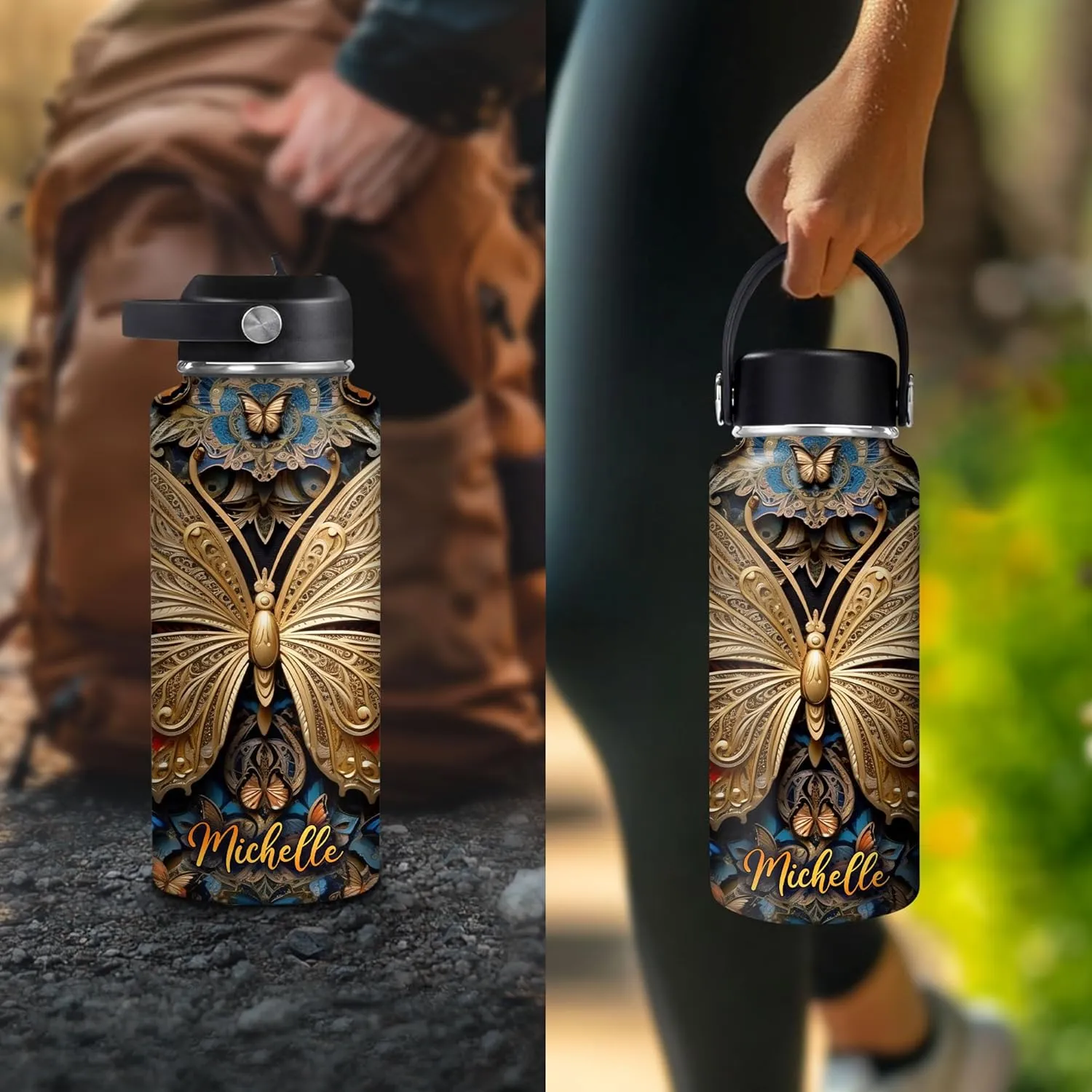 Hyturtle Personalized 2D Print Butterfly Water Bottle - Custom Name Insulated Stainless Steel Bottle with Leak-Proof Lid 18oz 32oz - Butterfly Gift for Women Animal Lovers - Birthday & Christmas Gift