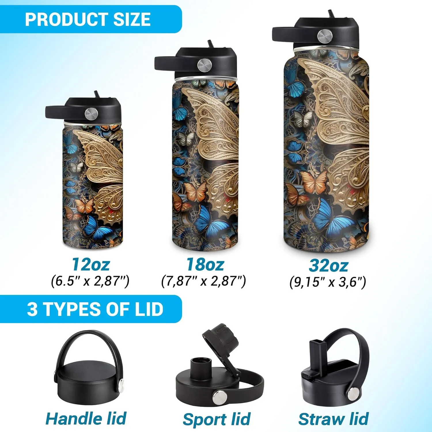 Hyturtle Personalized 2D Print Butterfly Water Bottle - Custom Name Insulated Stainless Steel Bottle with Leak-Proof Lid 18oz 32oz - Butterfly Gift for Women Animal Lovers - Birthday & Christmas Gift