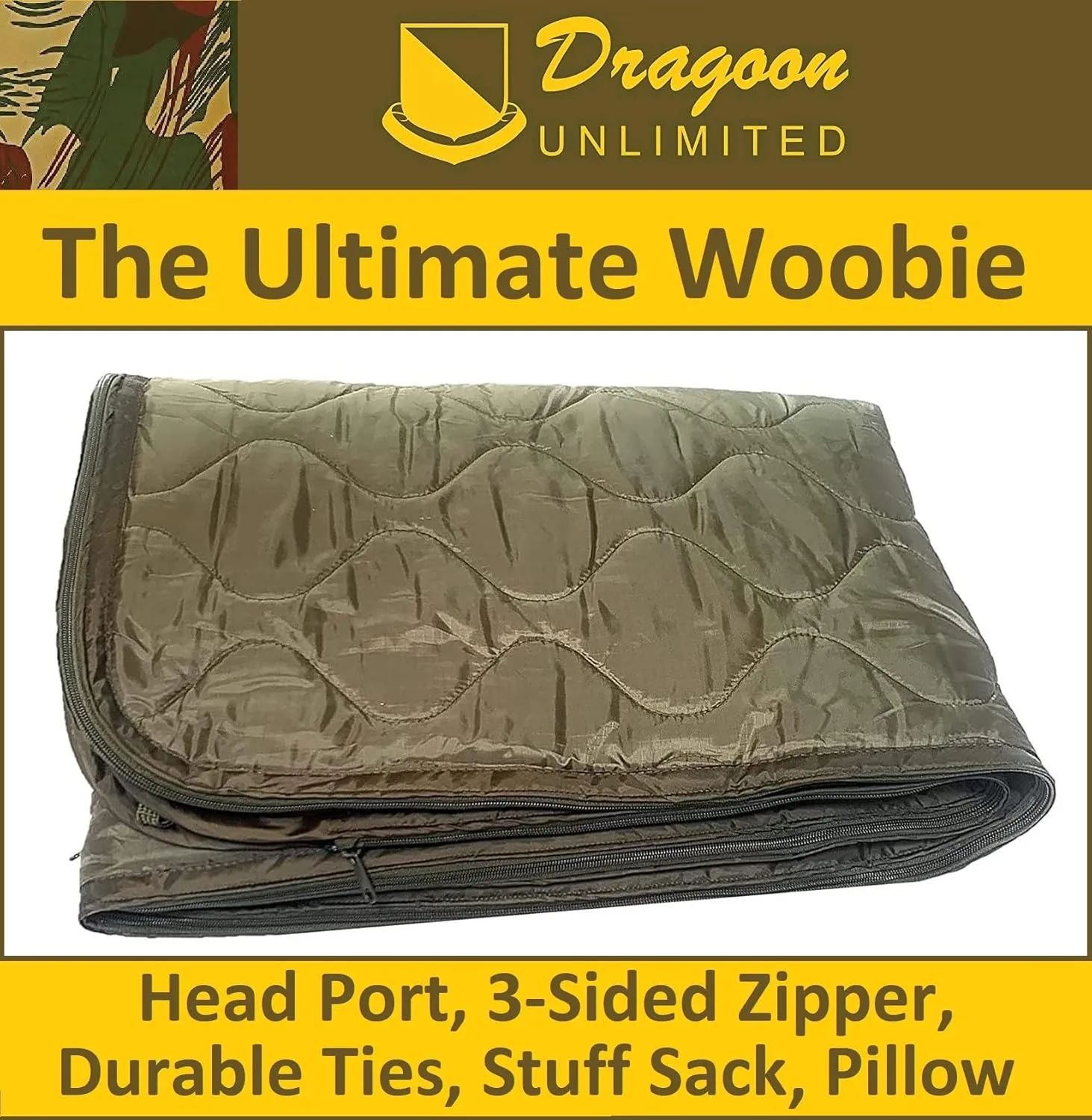 Improved Poncho Liner Woobie with Zipper and Zippered Head Port, 3-Sided Zipper, Pillow and Stuff Sack Included