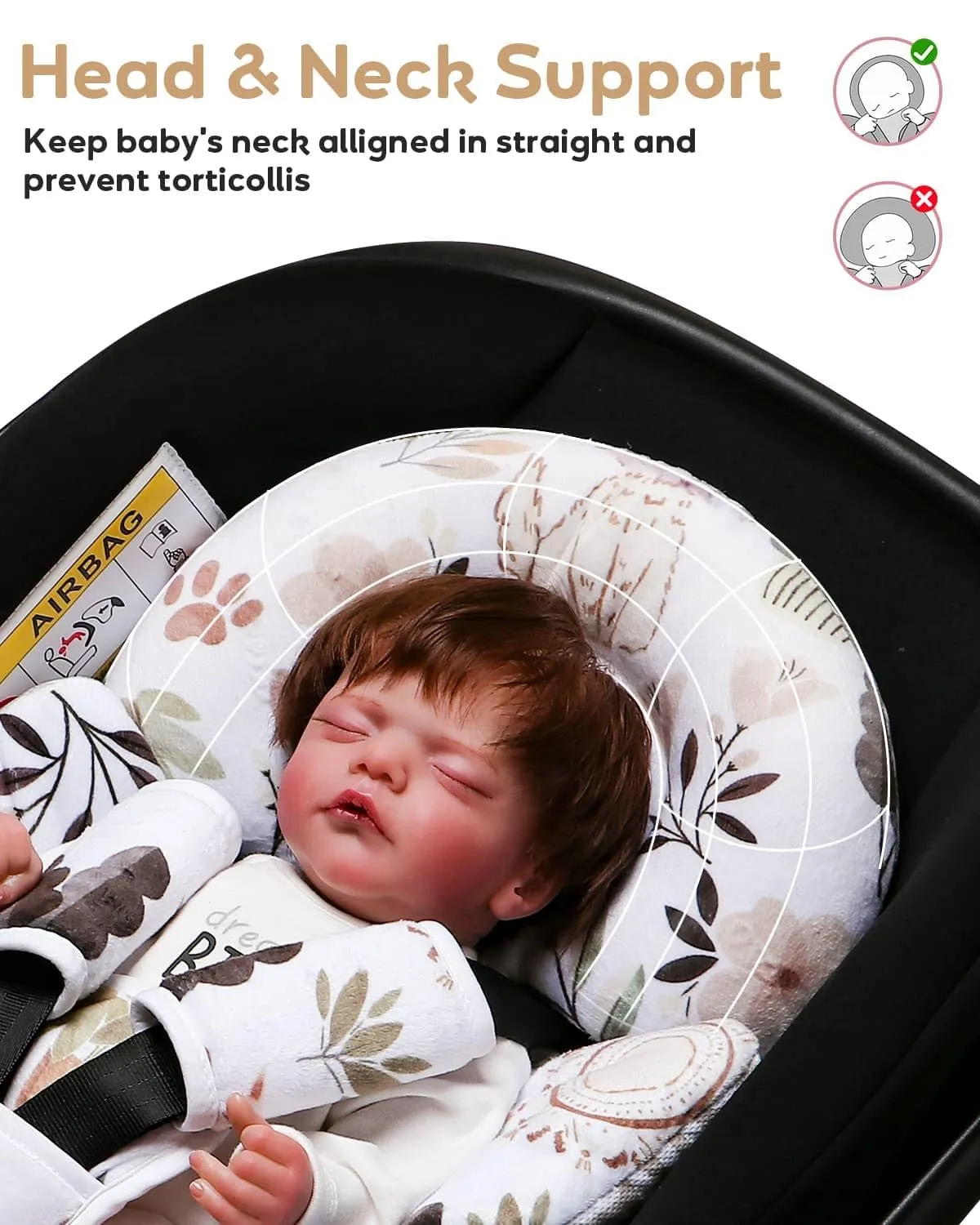 Infant Car Seat Insert, Enlarged Head Support for Baby Carseat, Reversible Newborn Insert with 3 Strap Covers, 2-in-1 Baby Car Seat Cushion for Stroller, Swing, Bouncer, Rocker - Yellow Cat