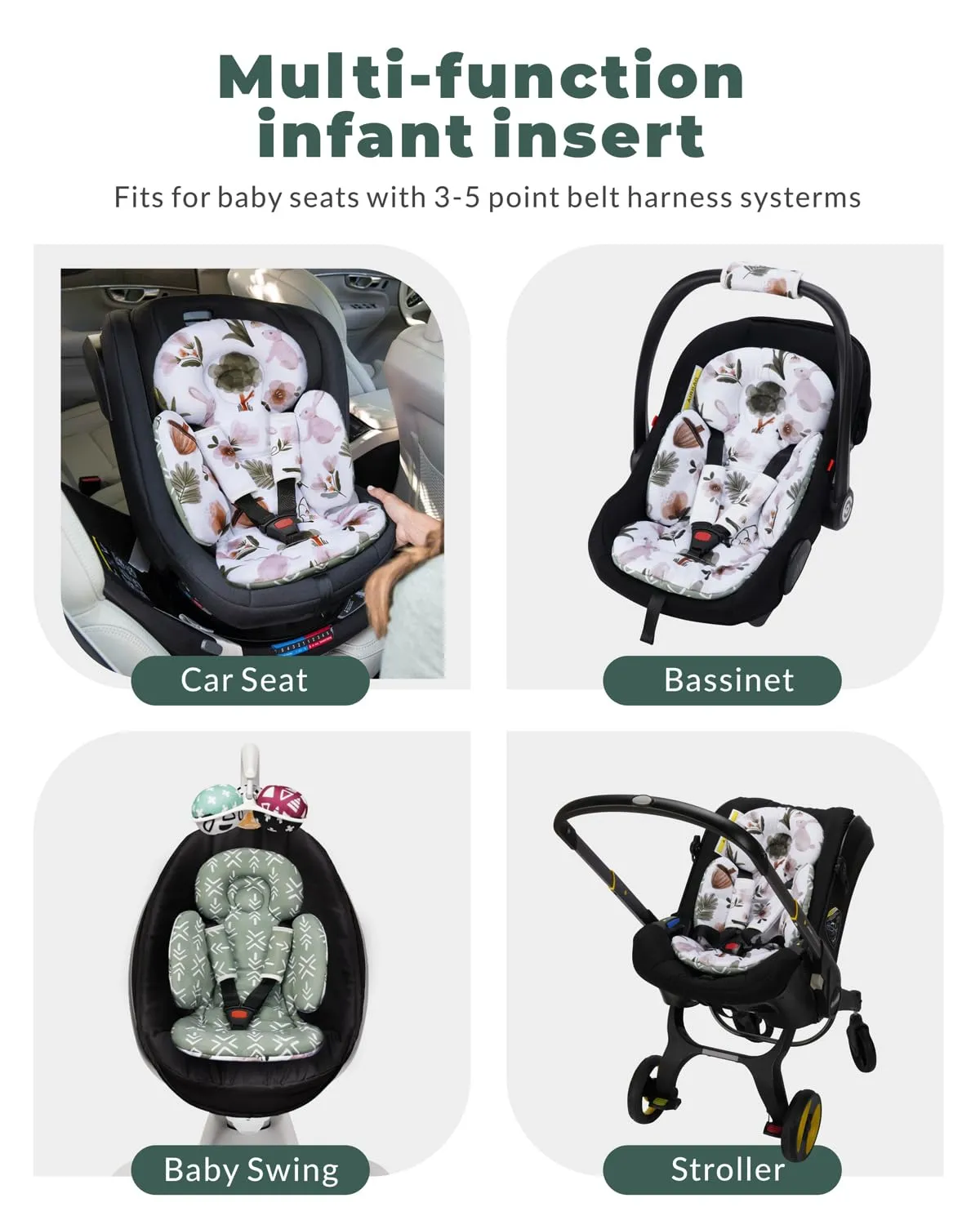 Infant Car Seat Insert, Head and Body Support, Reversible Newborn Insert Compatible with Baby Carseat, Stroller, Mamaroo Swing, Rocker, Bassinet, Bouncer. Baby Car Seat Cushion - Rabbit