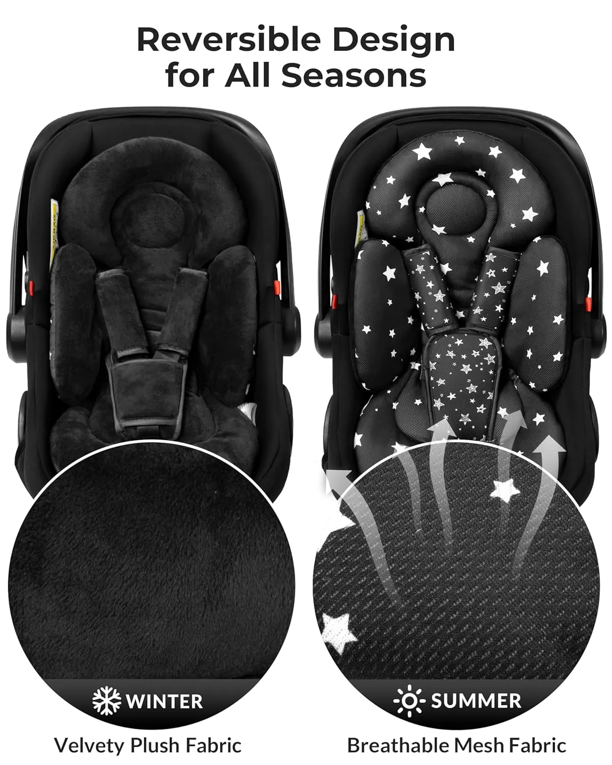 Infant Car Seat Insert, Head and Body Support, Reversible Newborn Insert Compatible with Baby Carseat, Stroller, Mamaroo Swing, Rocker, Bouncer. Baby Car Seat Cushion - Black